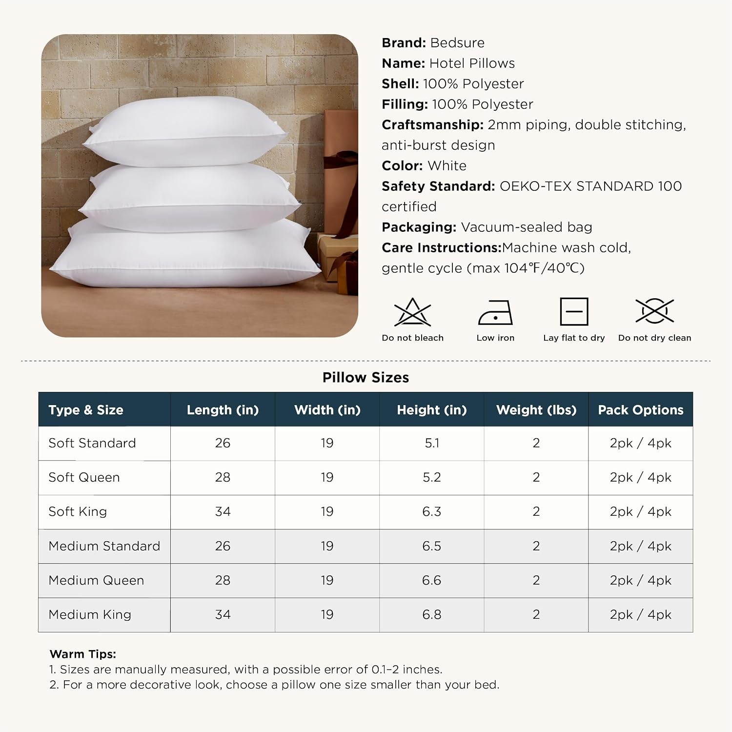 image:imageBedsure Pillows King Size Set of 4 Hotel Collection Bed Pillows for Sleeping with Down Alternative Filling Soft Support for Back Stomach or Side Sleepers King 48x19 White 4 PackSoft2PK