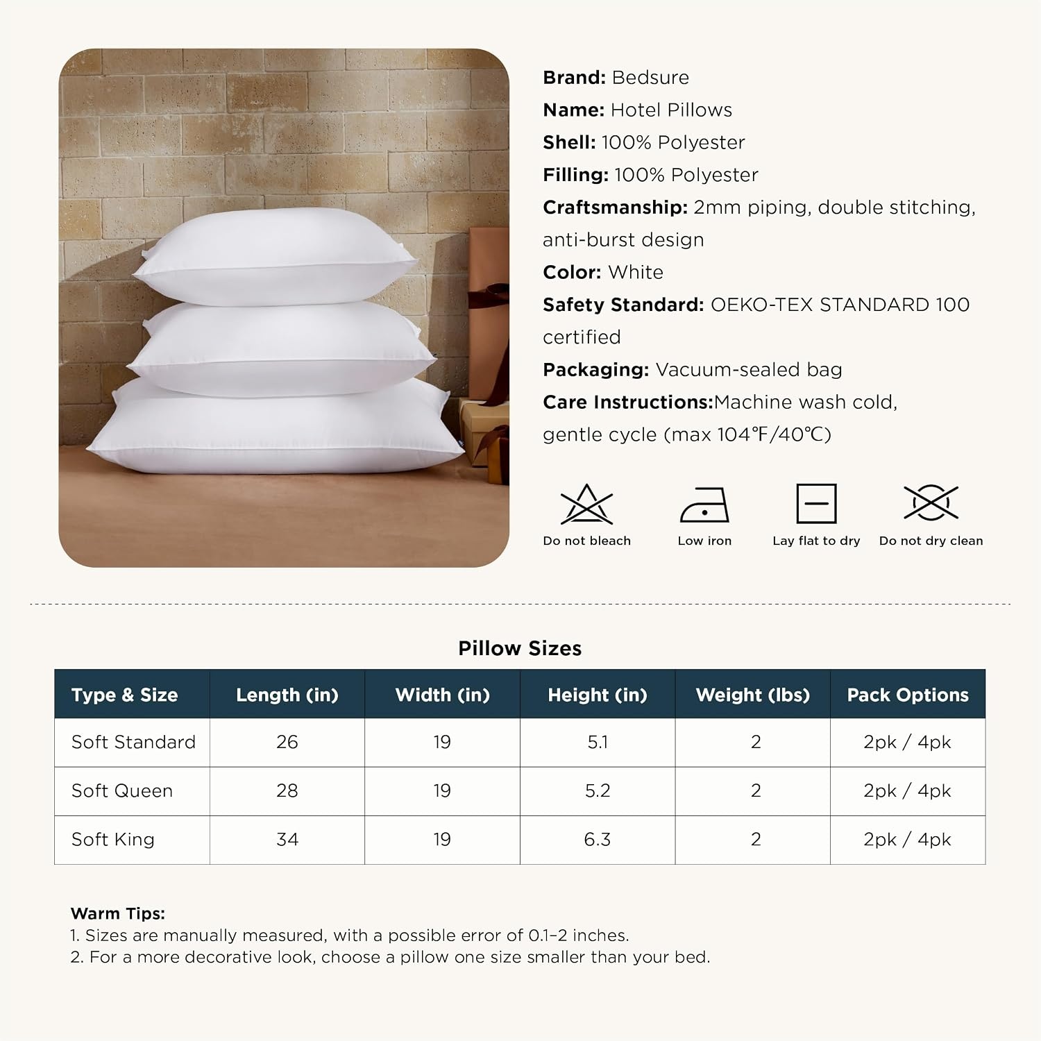 image:imageBedsure Pillows King Size Set of 4 Hotel Collection Bed Pillows for Sleeping with Down Alternative Filling Soft Support for Back Stomach or Side Sleepers King 48x19 White 4 PackSoft2PK