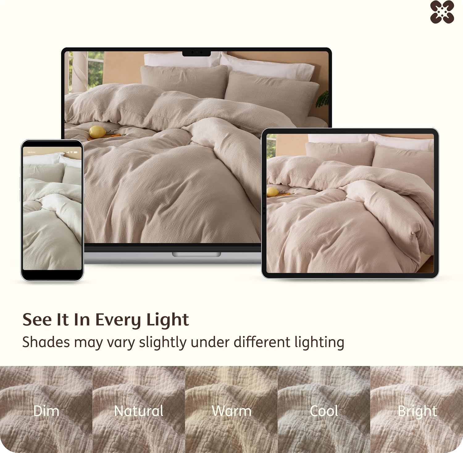 image:imageBedsure PureWoven 100 Cotton Muslin Duvet Cover Queen Gauze Bedding Set UltraSoft MoistureWicking Breathable SkinFriendly Lightweight AllSeason Softens After Wash Olive Green 90x9005 Muslin Light Brown No Comforter