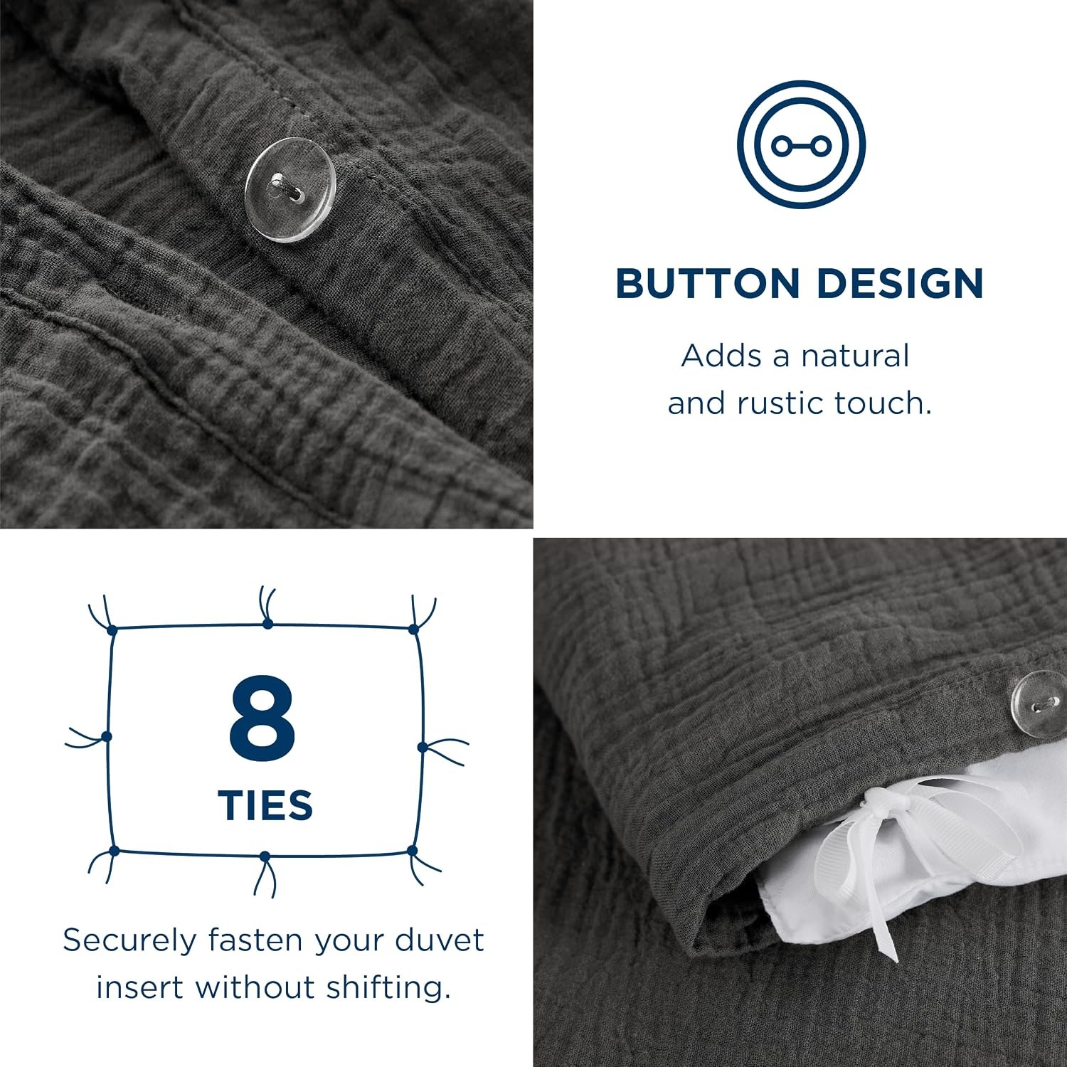 image:imageBedsure PureWoven 100 Cotton Muslin Duvet Cover Queen Gauze Bedding Set UltraSoft MoistureWicking Breathable SkinFriendly Lightweight AllSeason Softens After Wash Olive Green 90x9003 Muslin Dark Grey No Comforter