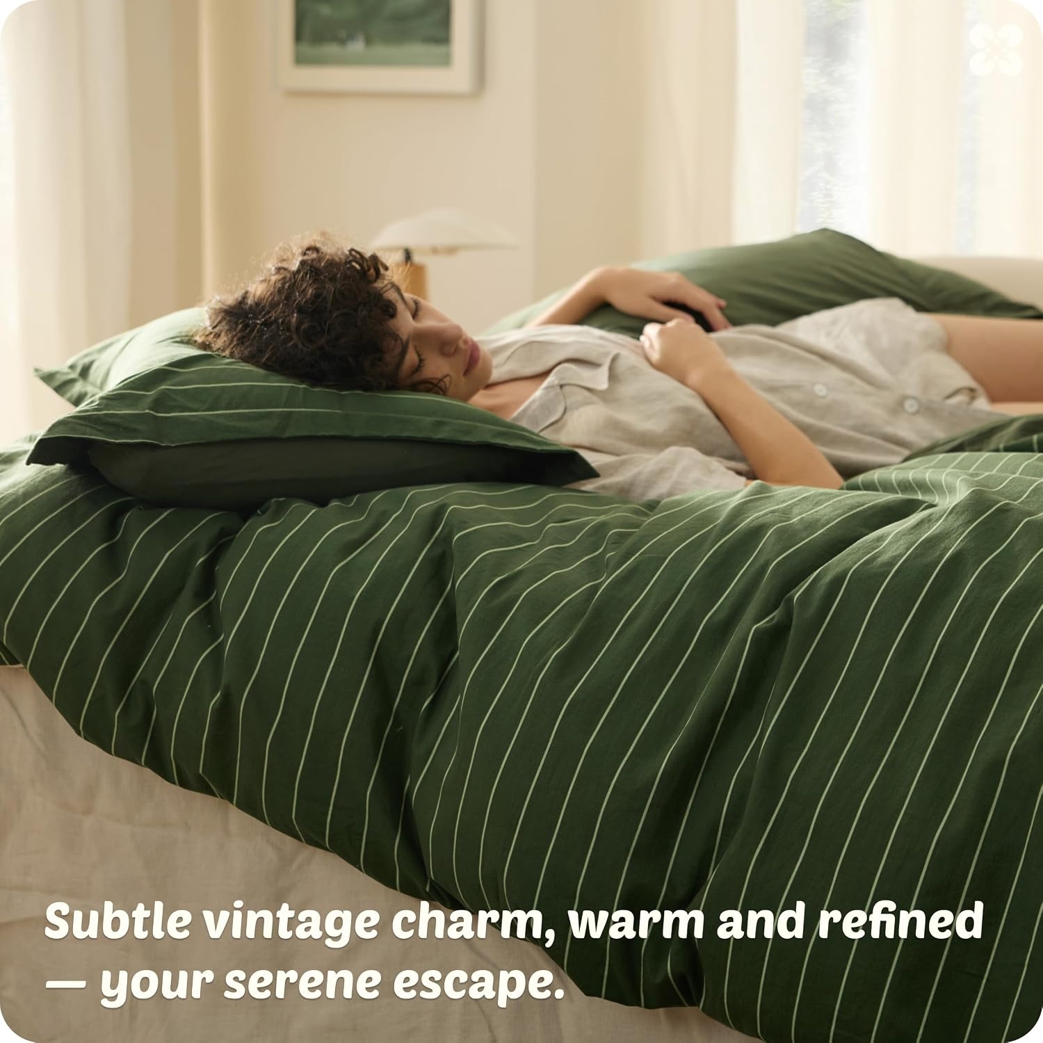 image:imageBedsure PureWoven 100 Cotton Striped Duvet Cover Set Queen TanWhite Washed Cotton LinenLike Texture Breathable Zipper Closure Machine Washable 3 Pieces with 2 Pillow Shams 90 X 9010 Olive Green Stripes No Comforter