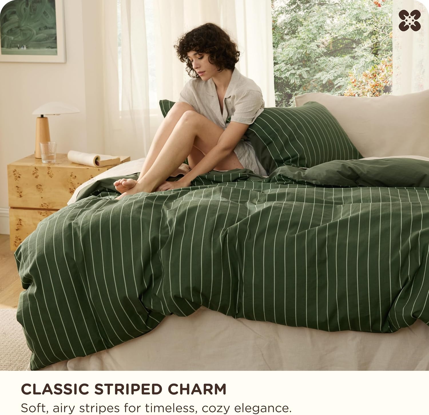image:imageBedsure PureWoven 100 Cotton Striped Duvet Cover Set Queen TanWhite Washed Cotton LinenLike Texture Breathable Zipper Closure Machine Washable 3 Pieces with 2 Pillow Shams 90 X 9010 Olive Green Stripes No Comforter