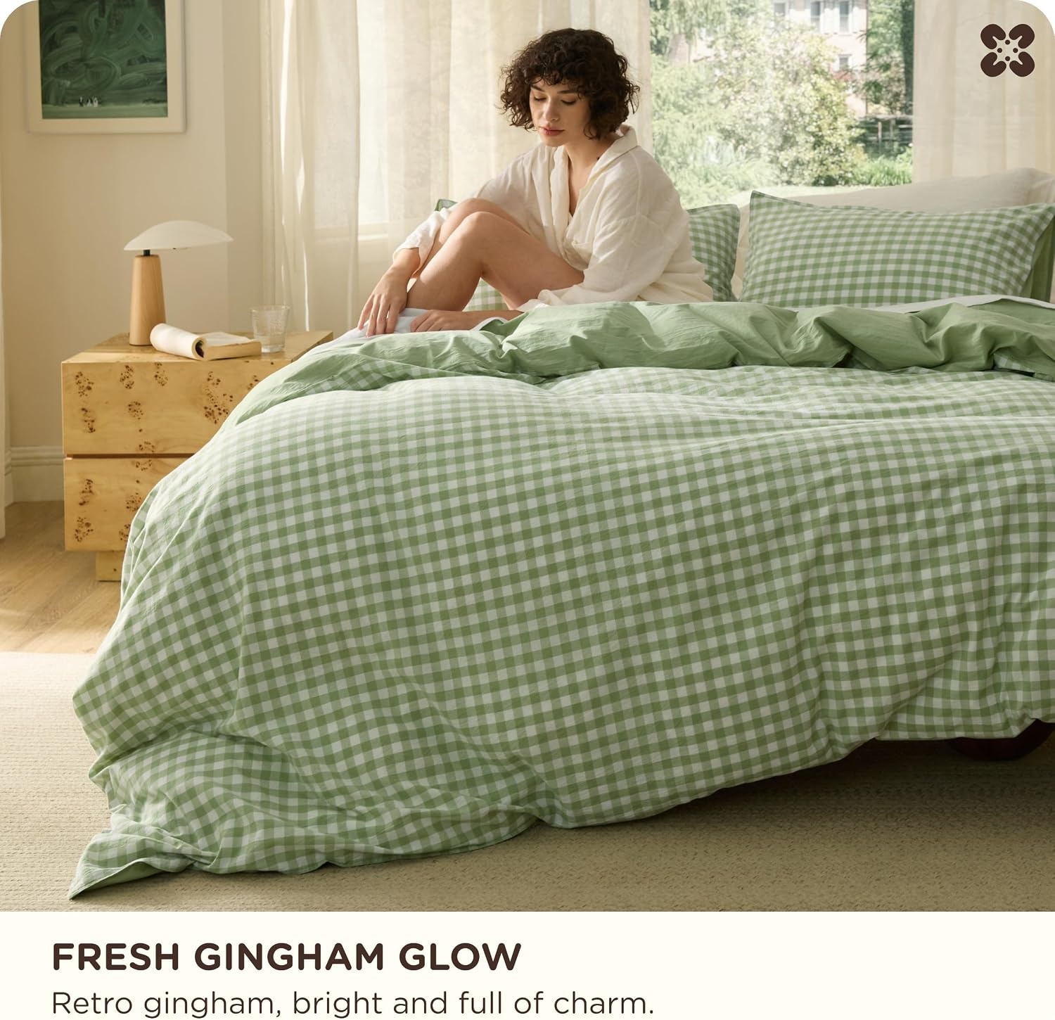 image:imageBedsure PureWoven 100 Cotton Striped Duvet Cover Set Queen TanWhite Washed Cotton LinenLike Texture Breathable Zipper Closure Machine Washable 3 Pieces with 2 Pillow Shams 90 X 9012 Sage Green Gingham No Comforter