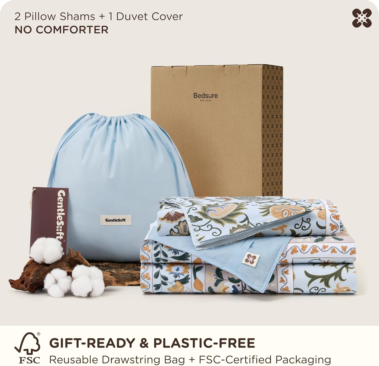 image:imageBedsure PureWoven 100 Cotton Striped Duvet Cover Set Queen TanWhite Washed Cotton LinenLike Texture Breathable Zipper Closure Machine Washable 3 Pieces with 2 Pillow Shams 90 X 9001 Vintage Blue Boho No Comforter