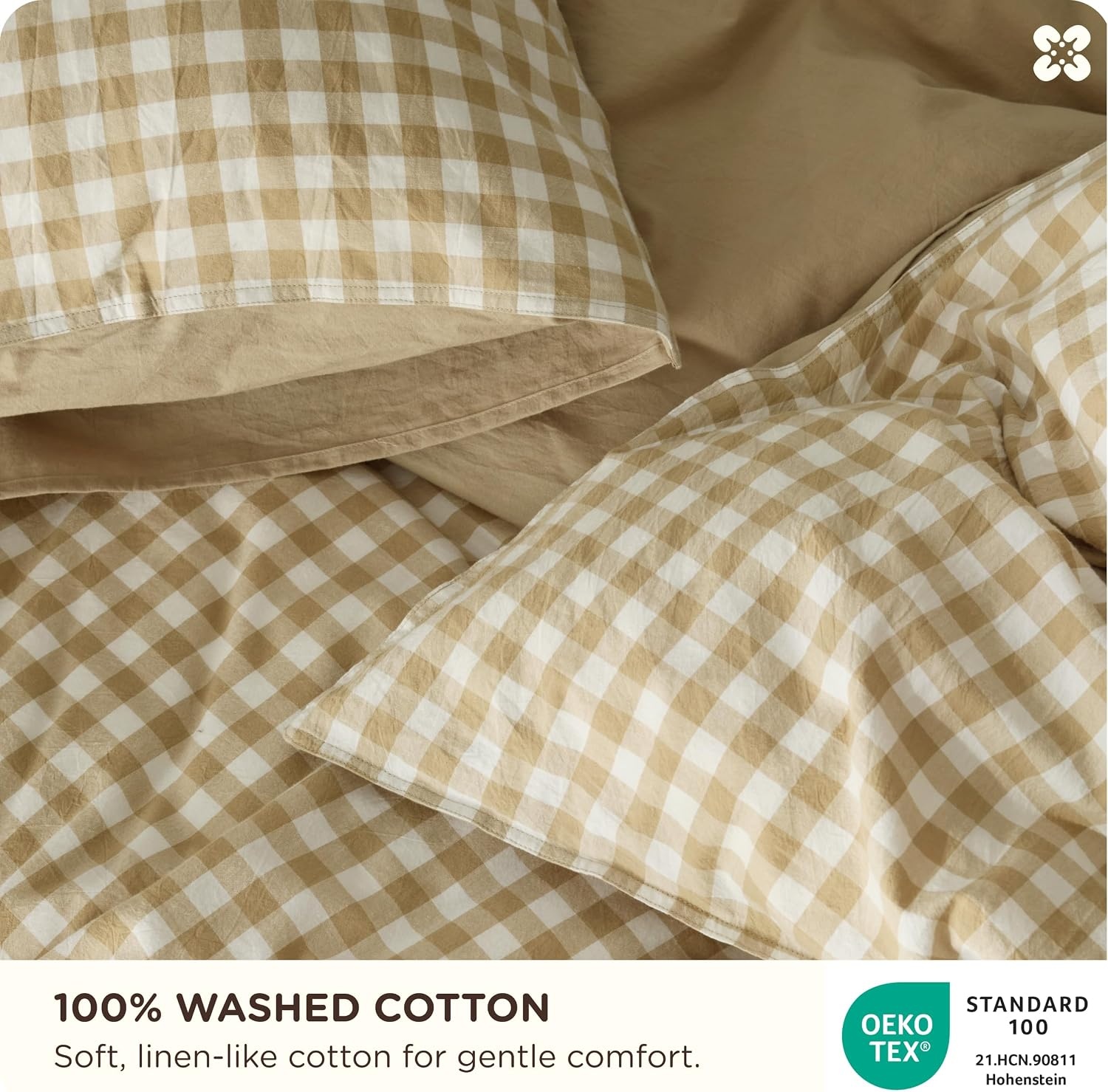 image:imageBedsure PureWoven 100 Cotton Striped Duvet Cover Set Queen TanWhite Washed Cotton LinenLike Texture Breathable Zipper Closure Machine Washable 3 Pieces with 2 Pillow Shams 90 X 9009 Khaki Gingham No Comforter