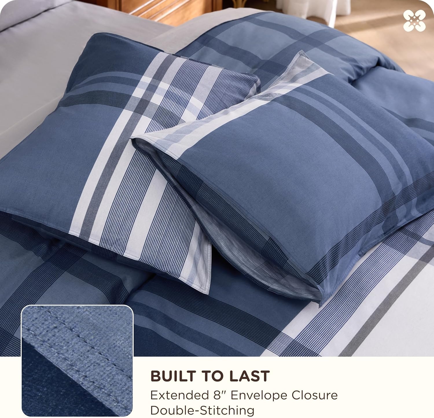 image:imageBedsure PureWoven 100 Cotton Striped Duvet Cover Set Queen TanWhite Washed Cotton LinenLike Texture Breathable Zipper Closure Machine Washable 3 Pieces with 2 Pillow Shams 90 X 9014 Navy Buffalo Plaid No Comforter