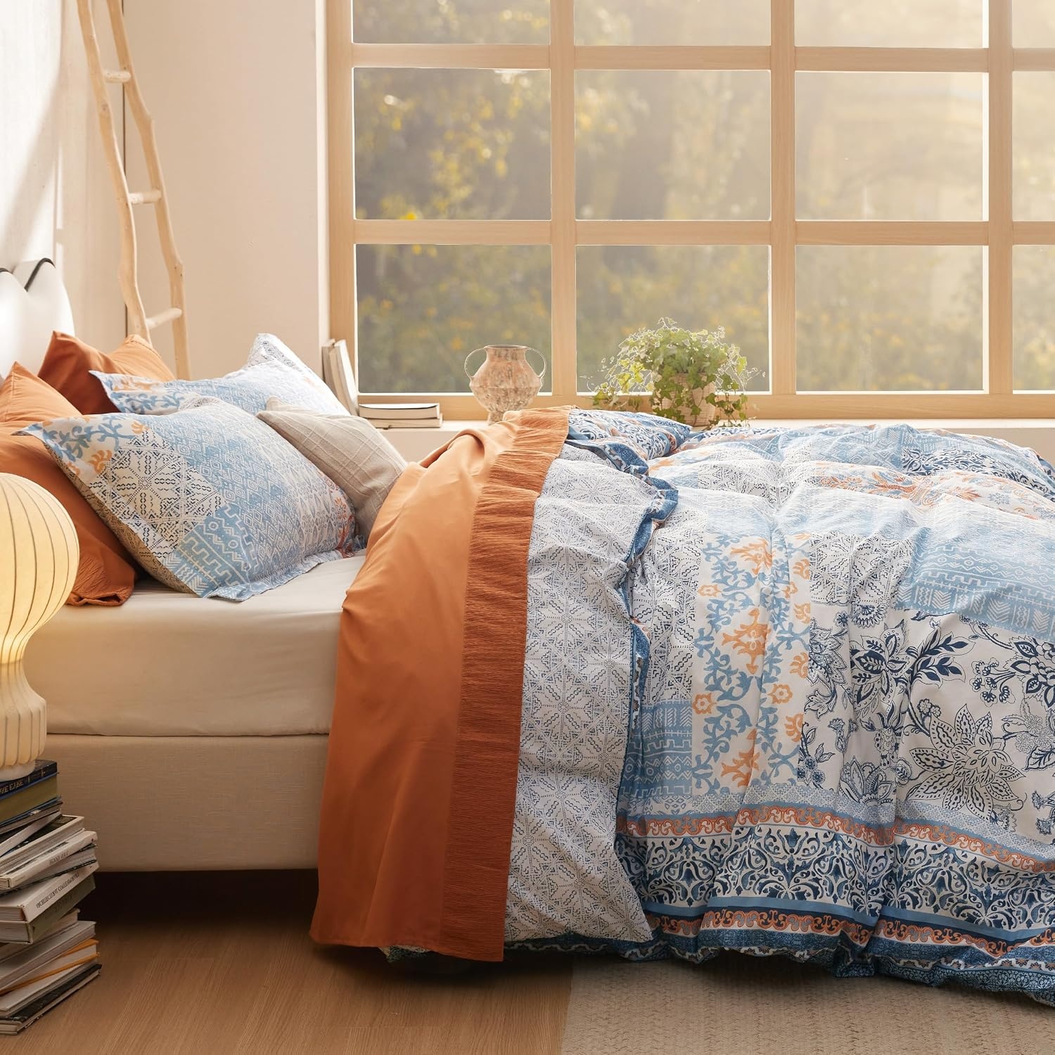 image:imageBedsure PureWoven 100 Cotton Striped Duvet Cover Set Queen TanWhite Washed Cotton LinenLike Texture Breathable Zipper Closure Machine Washable 3 Pieces with 2 Pillow Shams 90 X 9005 Light Blue No Comforter