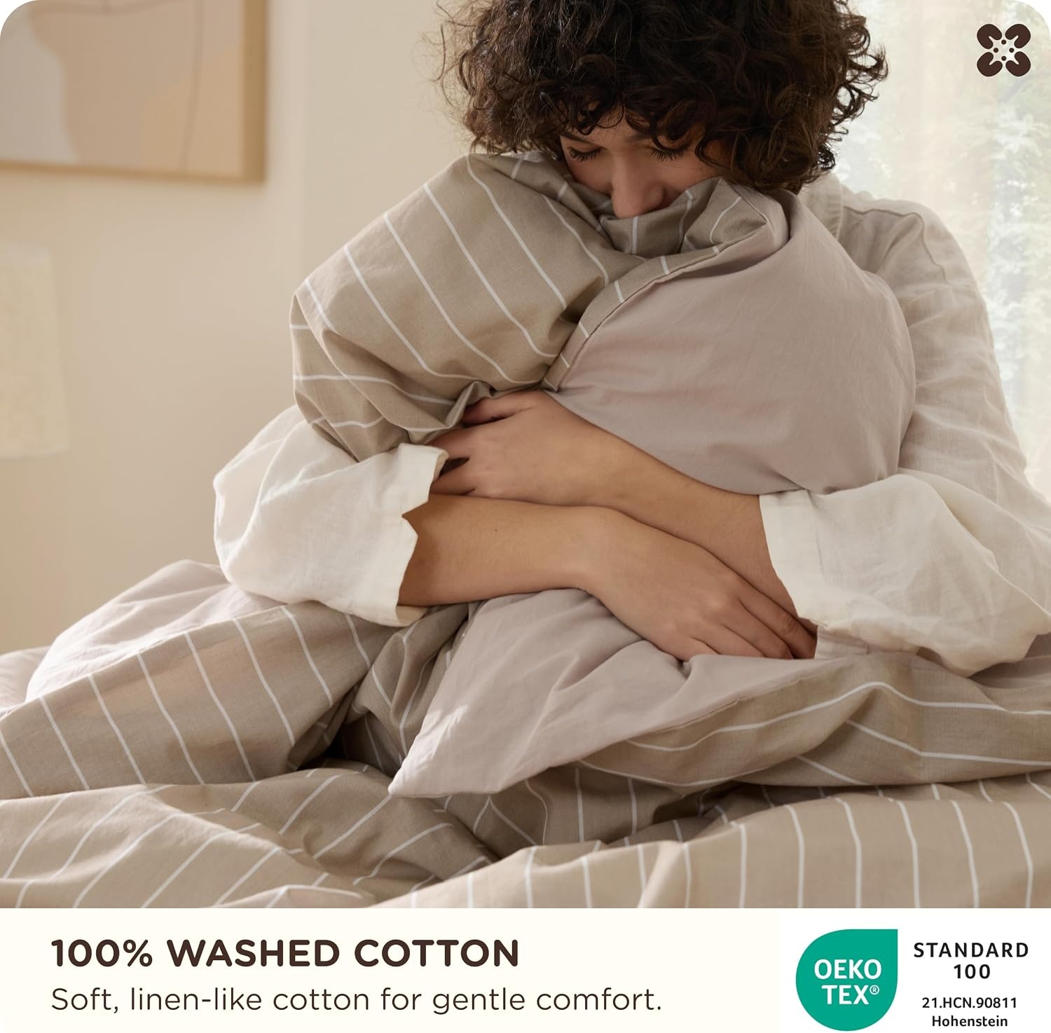 image:imageBedsure PureWoven 100 Cotton Striped Duvet Cover Set Queen TanWhite Washed Cotton LinenLike Texture Breathable Zipper Closure Machine Washable 3 Pieces with 2 Pillow Shams 90 X 9008 TanWhite Stripes No Comforter