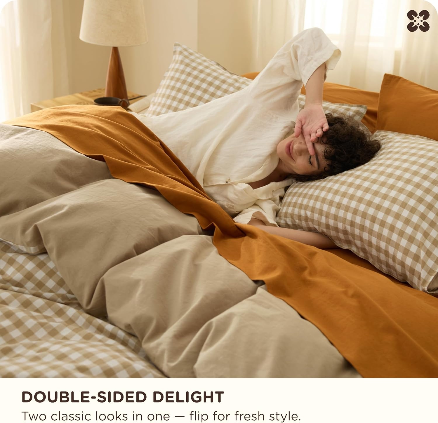 image:imageBedsure PureWoven 100 Cotton Striped Duvet Cover Set Queen TanWhite Washed Cotton LinenLike Texture Breathable Zipper Closure Machine Washable 3 Pieces with 2 Pillow Shams 90 X 9009 Khaki Gingham No Comforter