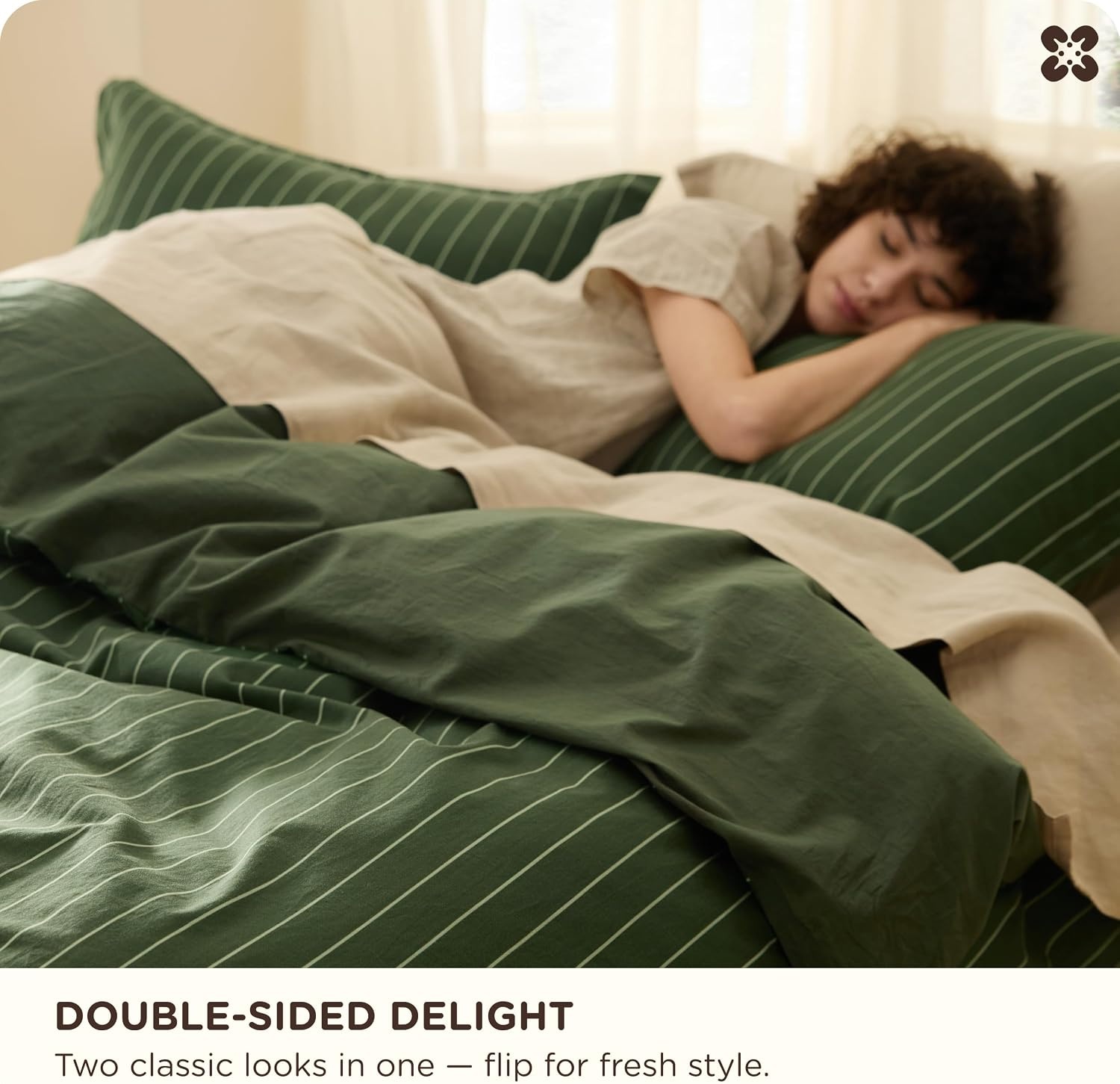 image:imageBedsure PureWoven 100 Cotton Striped Duvet Cover Set Queen TanWhite Washed Cotton LinenLike Texture Breathable Zipper Closure Machine Washable 3 Pieces with 2 Pillow Shams 90 X 9010 Olive Green Stripes No Comforter