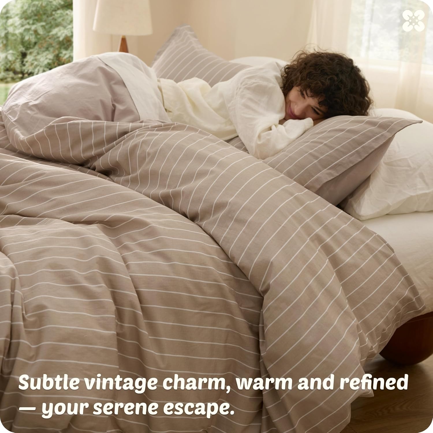 image:imageBedsure PureWoven 100 Cotton Striped Duvet Cover Set Queen TanWhite Washed Cotton LinenLike Texture Breathable Zipper Closure Machine Washable 3 Pieces with 2 Pillow Shams 90 X 9008 TanWhite Stripes No Comforter
