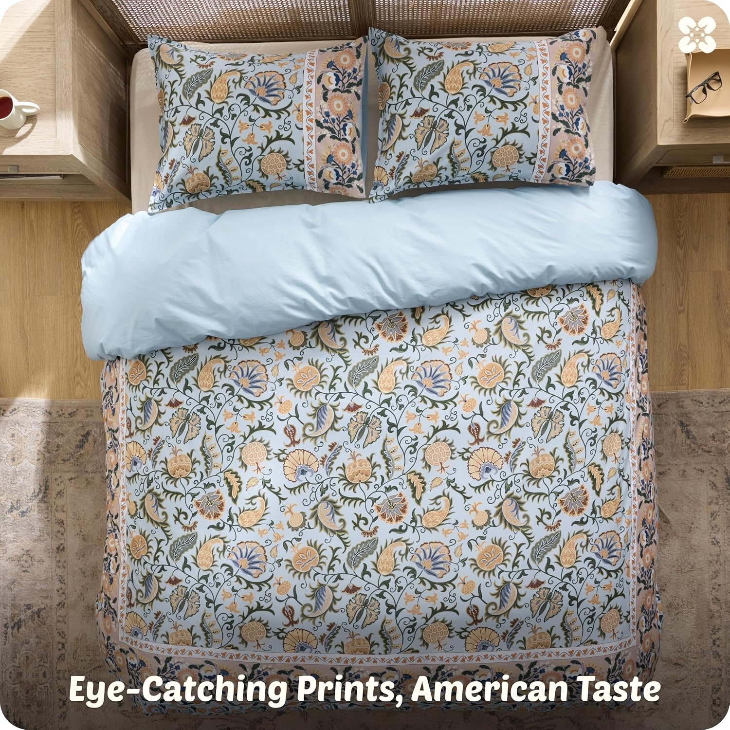 image:imageBedsure PureWoven 100 Cotton Striped Duvet Cover Set Queen TanWhite Washed Cotton LinenLike Texture Breathable Zipper Closure Machine Washable 3 Pieces with 2 Pillow Shams 90 X 9001 Vintage Blue Boho No Comforter