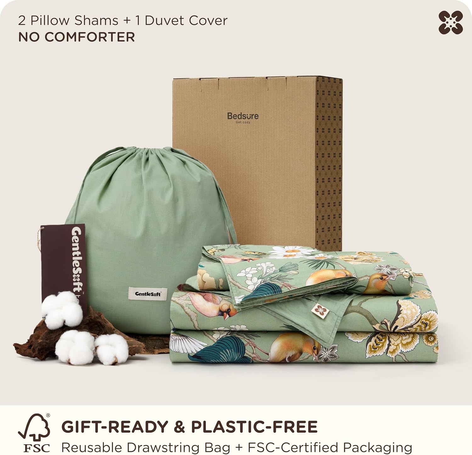 image:imageBedsure PureWoven 100 Cotton Striped Duvet Cover Set Queen TanWhite Washed Cotton LinenLike Texture Breathable Zipper Closure Machine Washable 3 Pieces with 2 Pillow Shams 90 X 9006 Green Garden No Comforter