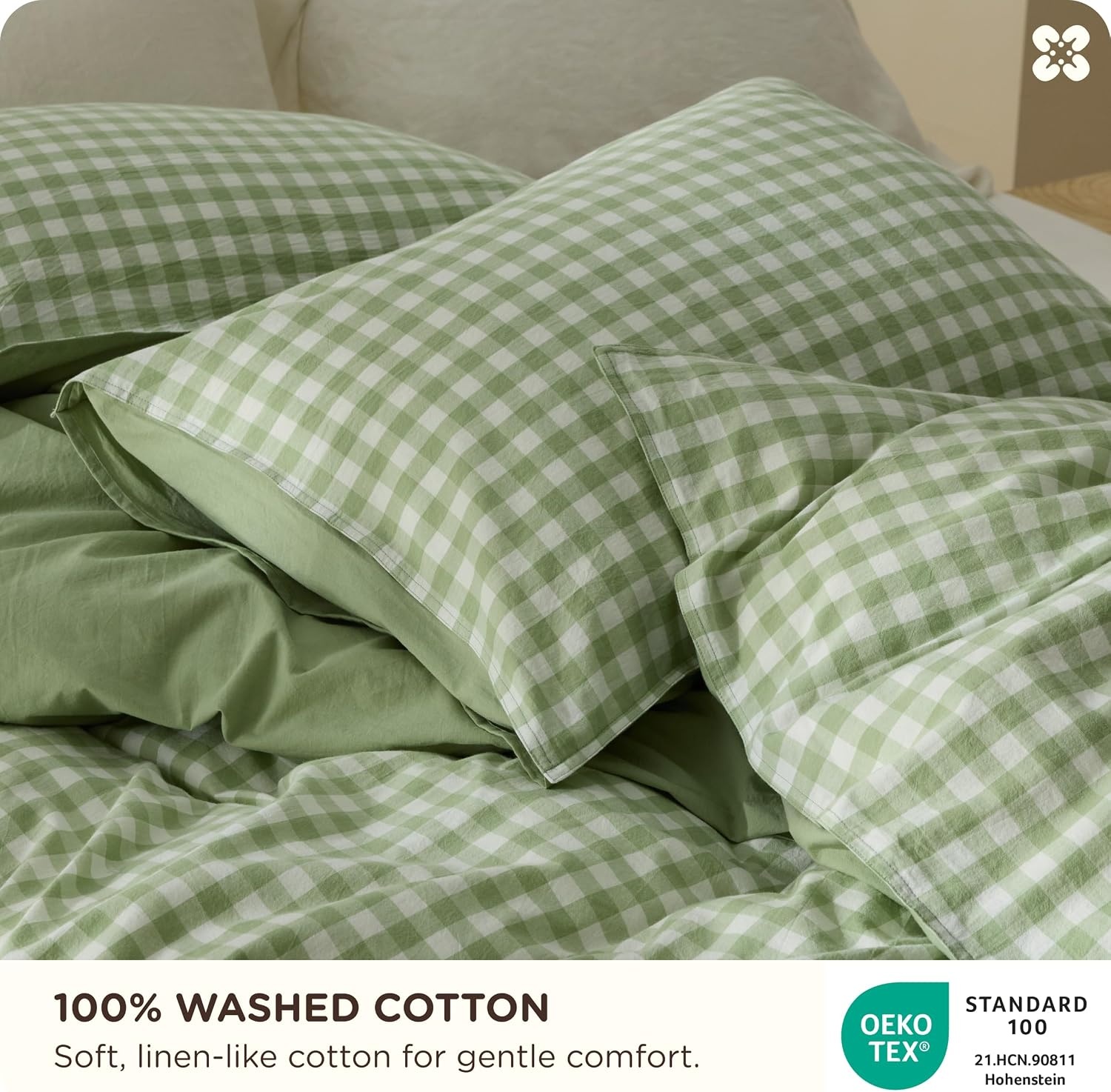 image:imageBedsure PureWoven 100 Cotton Striped Duvet Cover Set Queen TanWhite Washed Cotton LinenLike Texture Breathable Zipper Closure Machine Washable 3 Pieces with 2 Pillow Shams 90 X 9012 Sage Green Gingham No Comforter