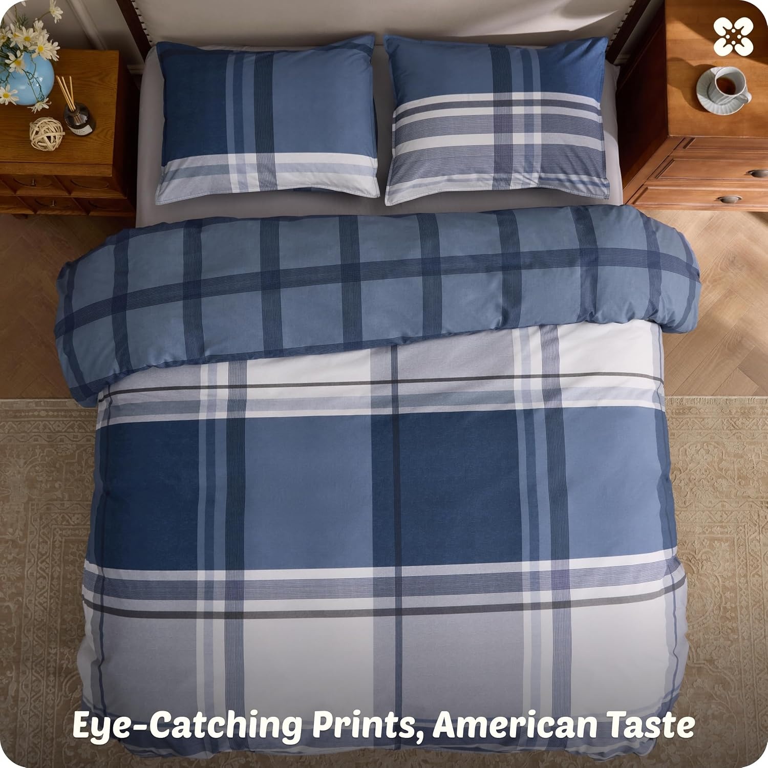 image:imageBedsure PureWoven 100 Cotton Striped Duvet Cover Set Queen TanWhite Washed Cotton LinenLike Texture Breathable Zipper Closure Machine Washable 3 Pieces with 2 Pillow Shams 90 X 9014 Navy Buffalo Plaid No Comforter