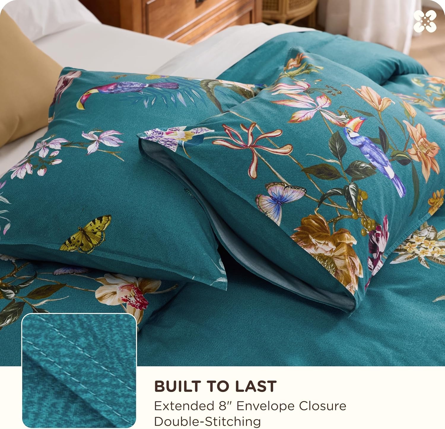 image:imageBedsure PureWoven 100 Cotton Striped Duvet Cover Set Queen TanWhite Washed Cotton LinenLike Texture Breathable Zipper Closure Machine Washable 3 Pieces with 2 Pillow Shams 90 X 9017 Floral Bird No Comforter
