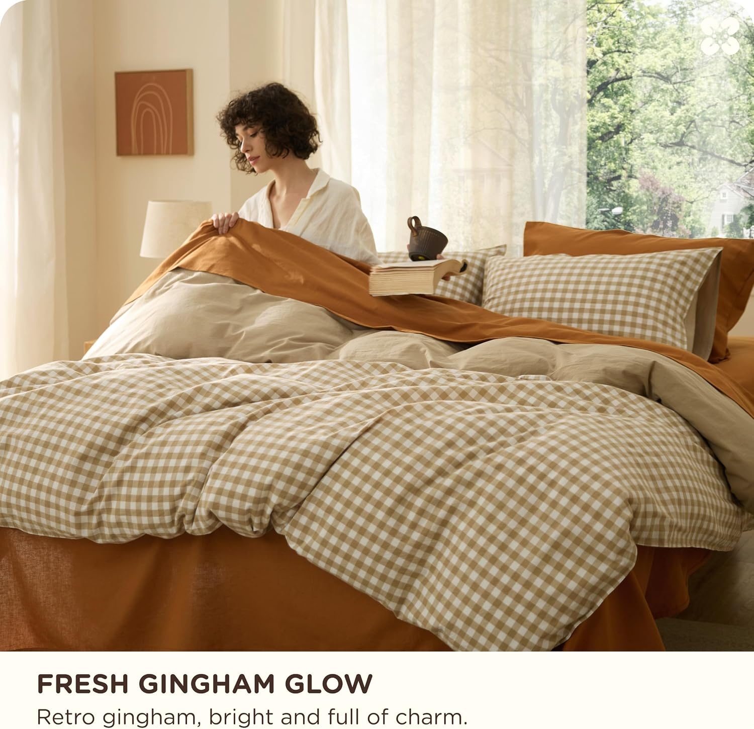 image:imageBedsure PureWoven 100 Cotton Striped Duvet Cover Set Queen TanWhite Washed Cotton LinenLike Texture Breathable Zipper Closure Machine Washable 3 Pieces with 2 Pillow Shams 90 X 9009 Khaki Gingham No Comforter