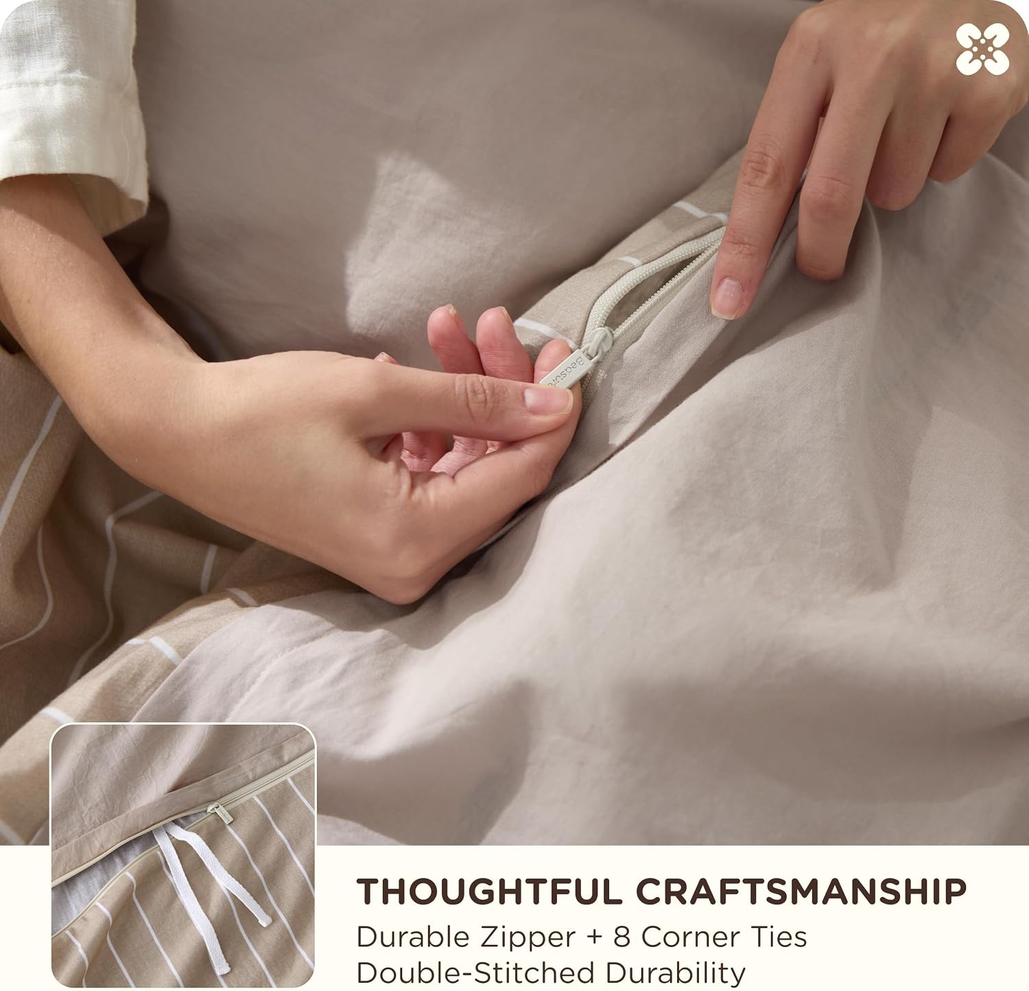 image:imageBedsure PureWoven 100 Cotton Striped Duvet Cover Set Queen TanWhite Washed Cotton LinenLike Texture Breathable Zipper Closure Machine Washable 3 Pieces with 2 Pillow Shams 90 X 9008 TanWhite Stripes No Comforter
