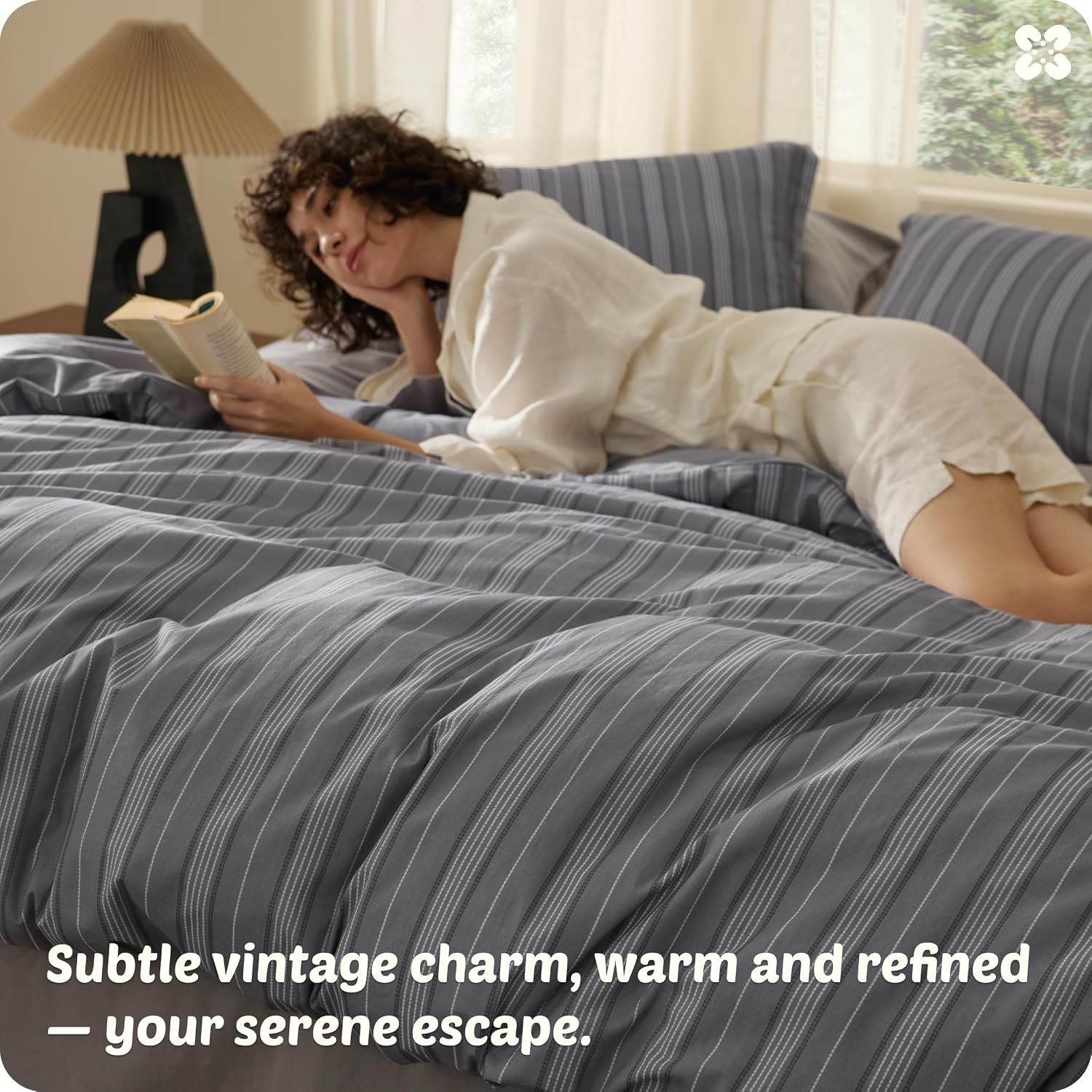 image:imageBedsure PureWoven 100 Cotton Striped Duvet Cover Set Queen TanWhite Washed Cotton LinenLike Texture Breathable Zipper Closure Machine Washable 3 Pieces with 2 Pillow Shams 90 X 9007 Grey Stripes No Comforter