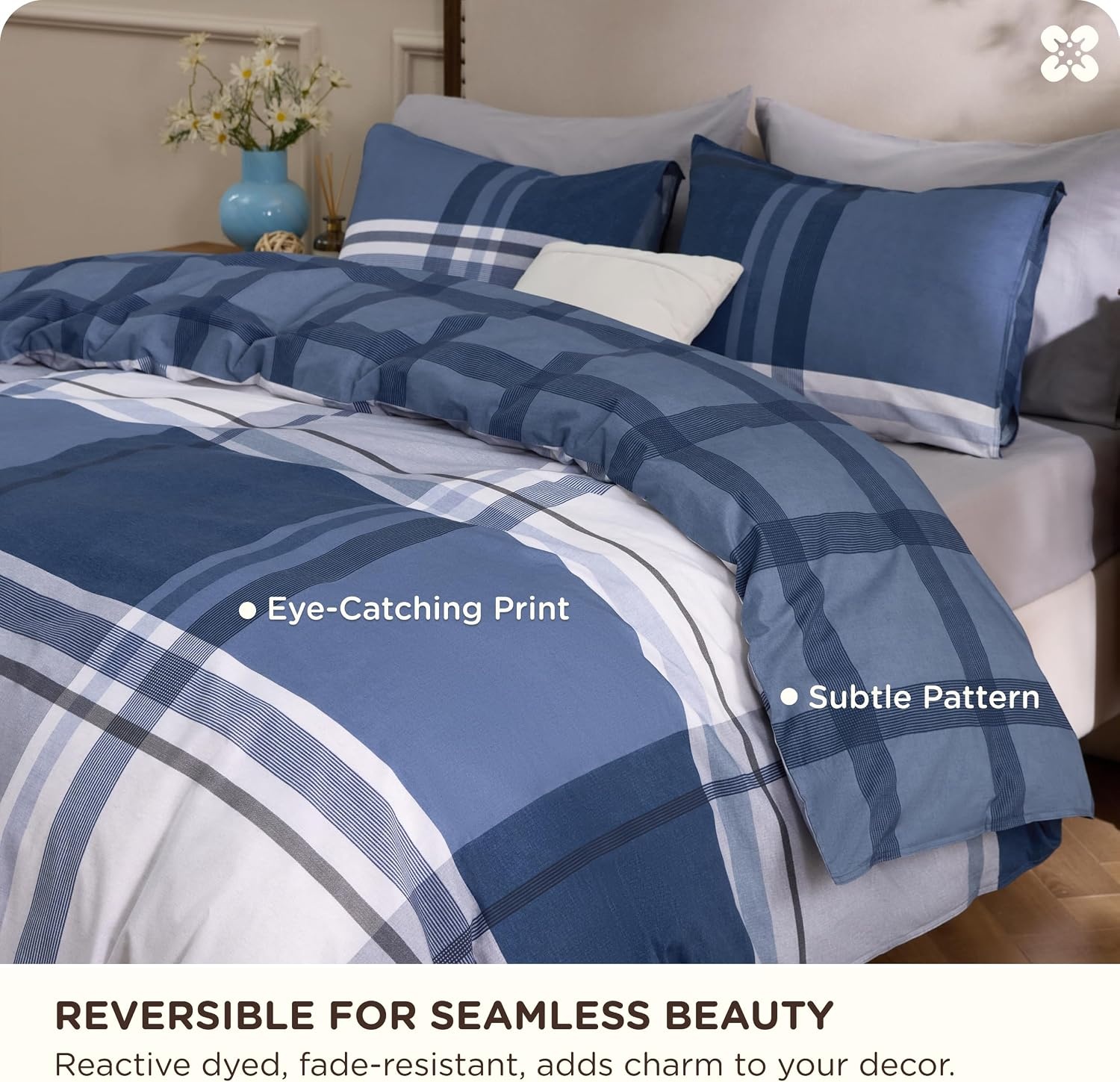 image:imageBedsure PureWoven 100 Cotton Striped Duvet Cover Set Queen TanWhite Washed Cotton LinenLike Texture Breathable Zipper Closure Machine Washable 3 Pieces with 2 Pillow Shams 90 X 9014 Navy Buffalo Plaid No Comforter