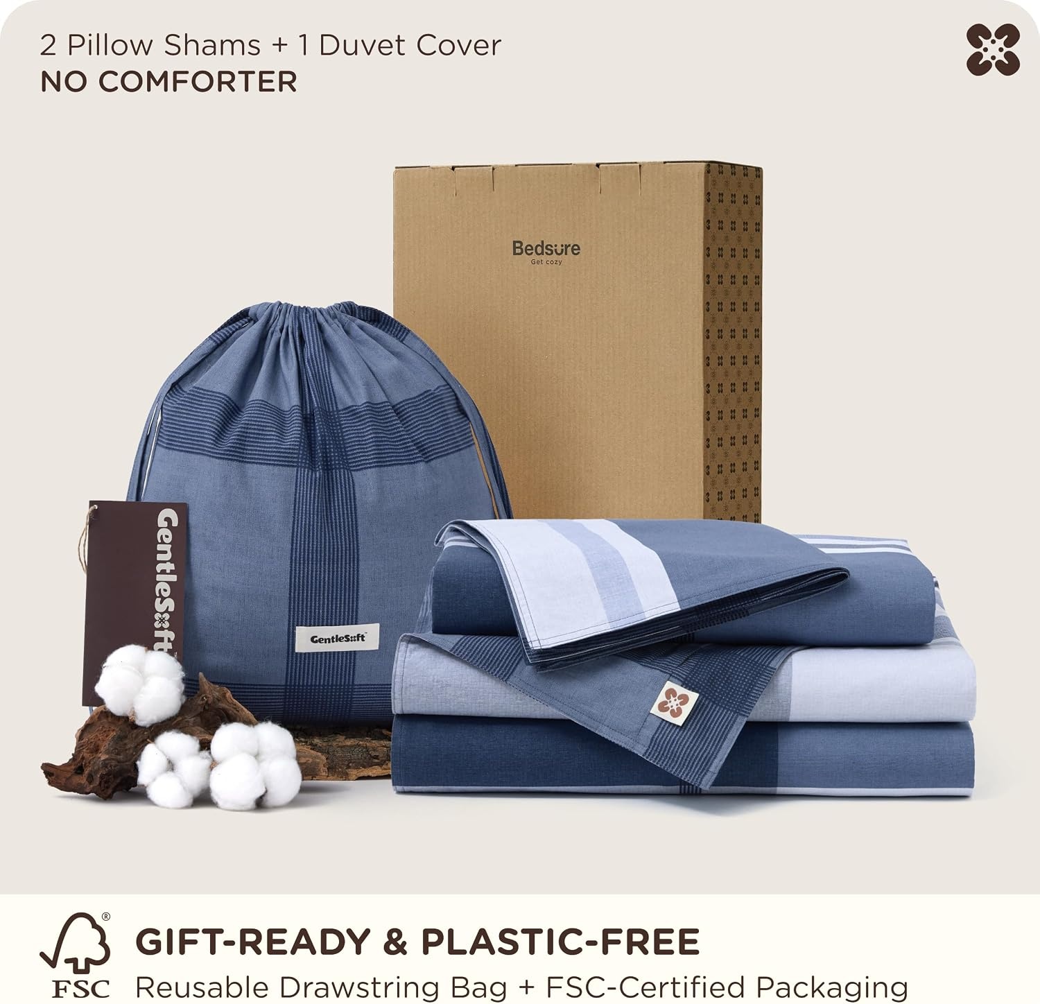 image:imageBedsure PureWoven 100 Cotton Striped Duvet Cover Set Queen TanWhite Washed Cotton LinenLike Texture Breathable Zipper Closure Machine Washable 3 Pieces with 2 Pillow Shams 90 X 9014 Navy Buffalo Plaid No Comforter