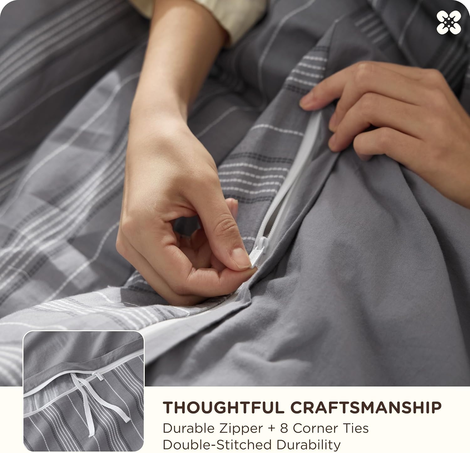image:imageBedsure PureWoven 100 Cotton Striped Duvet Cover Set Queen TanWhite Washed Cotton LinenLike Texture Breathable Zipper Closure Machine Washable 3 Pieces with 2 Pillow Shams 90 X 9007 Grey Stripes No Comforter