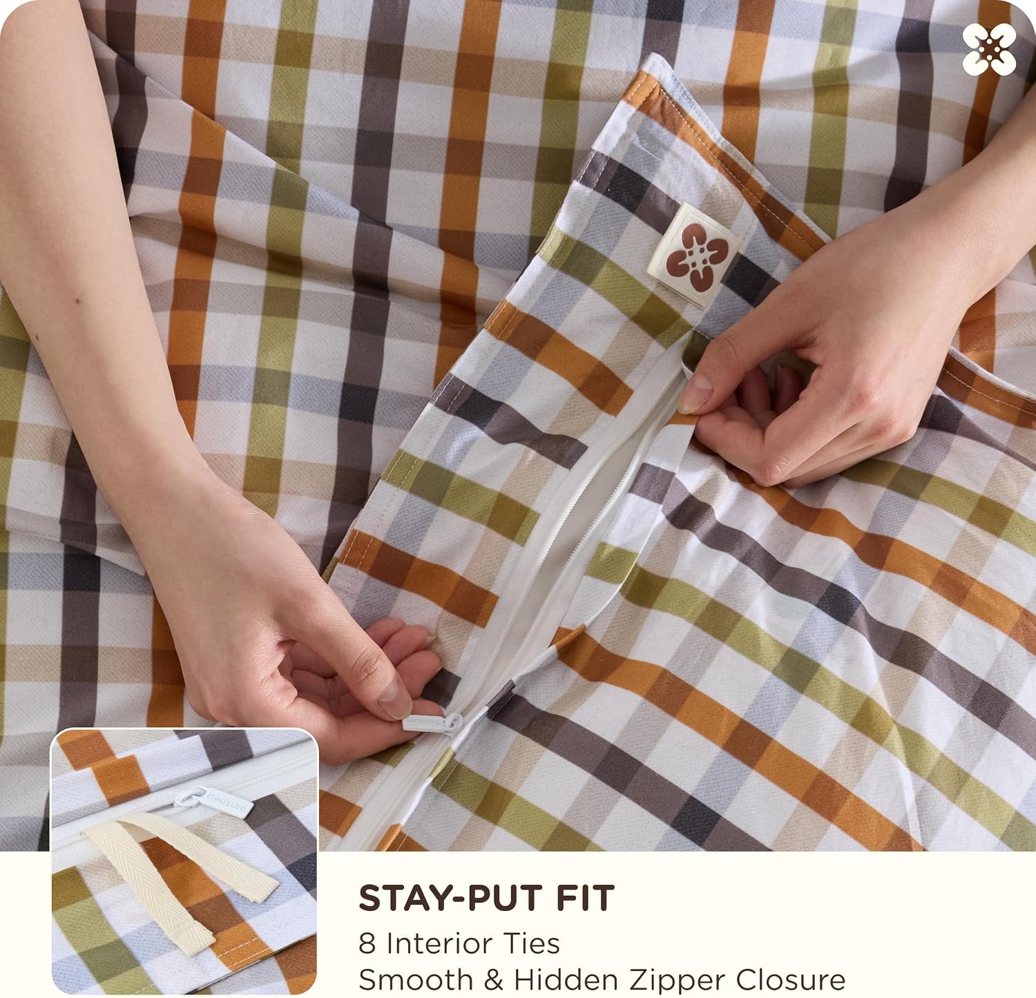image:imageBedsure PureWoven 100 Cotton Striped Duvet Cover Set Queen TanWhite Washed Cotton LinenLike Texture Breathable Zipper Closure Machine Washable 3 Pieces with 2 Pillow Shams 90 X 9015 Warm Gingham No Comforter