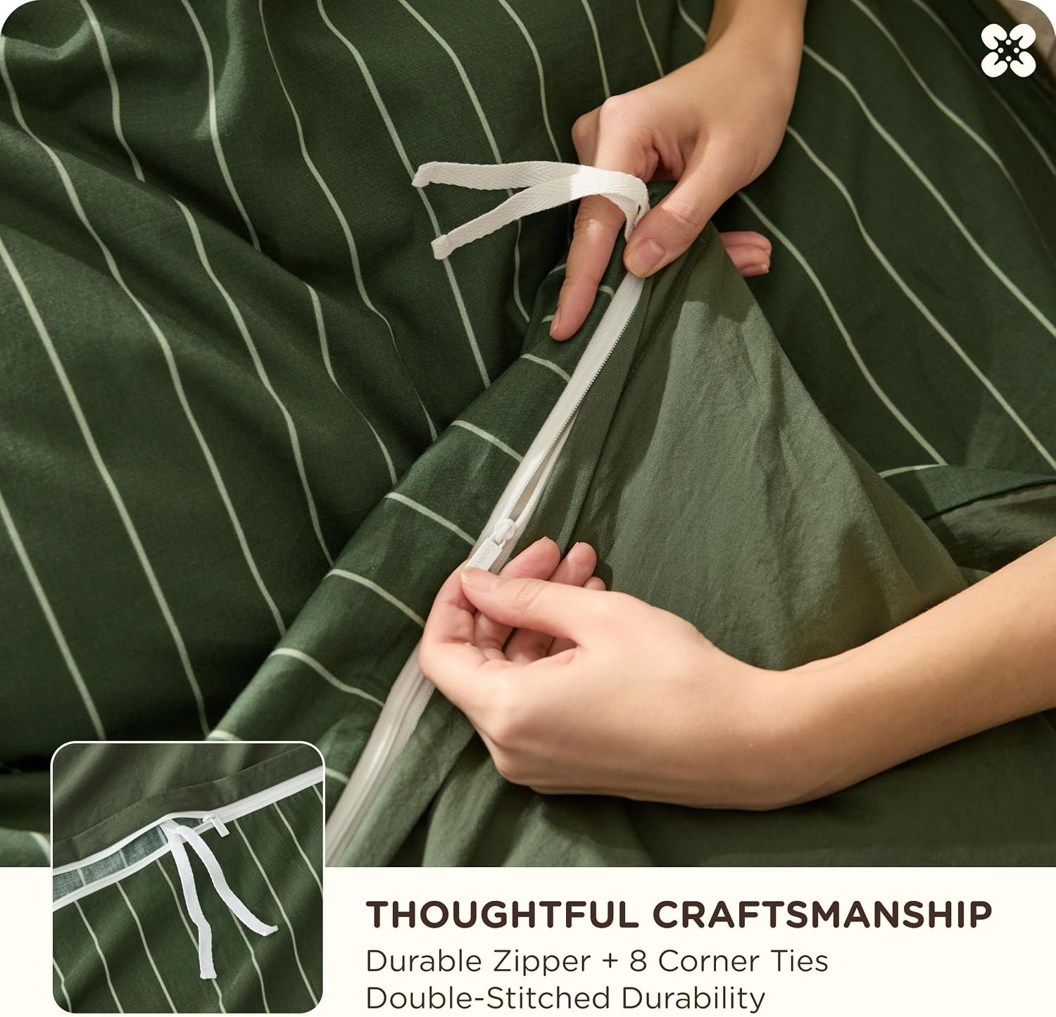 image:imageBedsure PureWoven 100 Cotton Striped Duvet Cover Set Queen TanWhite Washed Cotton LinenLike Texture Breathable Zipper Closure Machine Washable 3 Pieces with 2 Pillow Shams 90 X 9010 Olive Green Stripes No Comforter