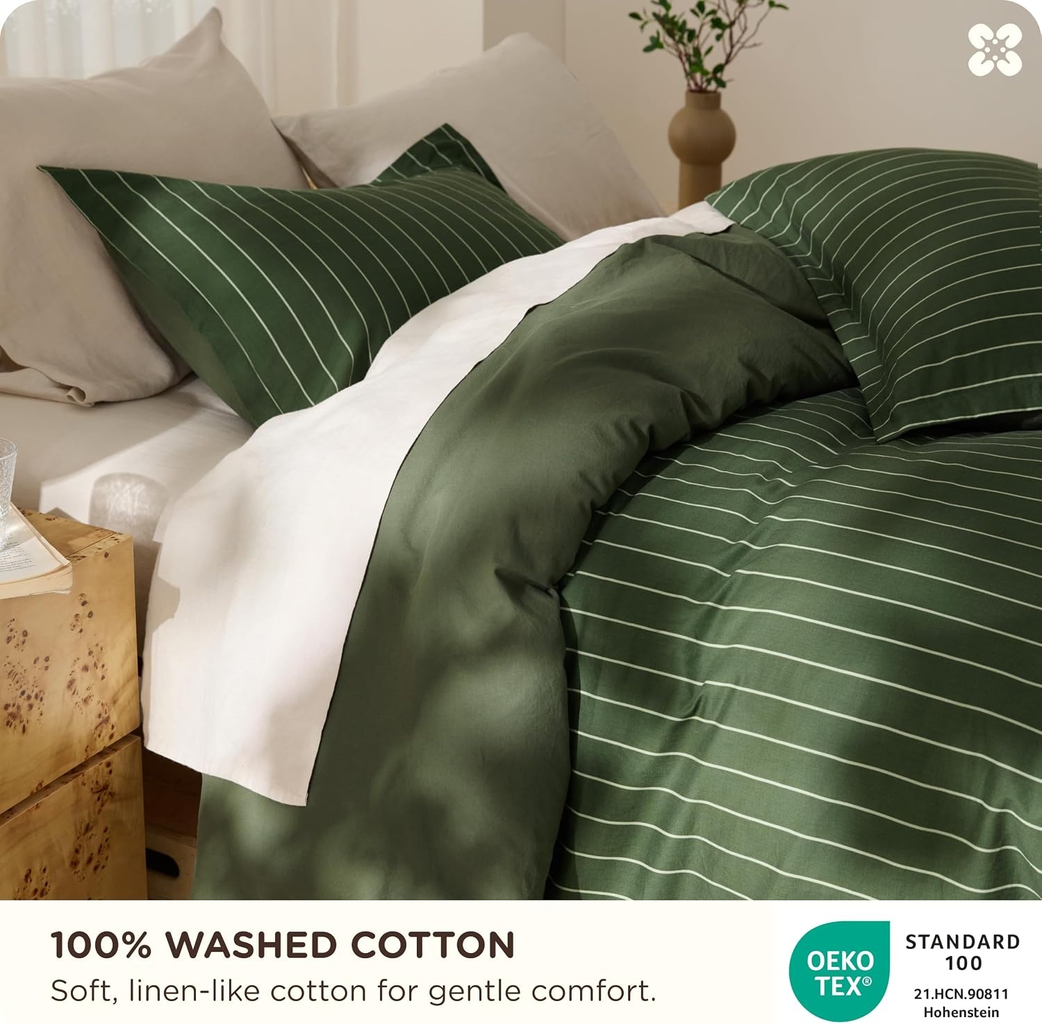 image:imageBedsure PureWoven 100 Cotton Striped Duvet Cover Set Queen TanWhite Washed Cotton LinenLike Texture Breathable Zipper Closure Machine Washable 3 Pieces with 2 Pillow Shams 90 X 9010 Olive Green Stripes No Comforter