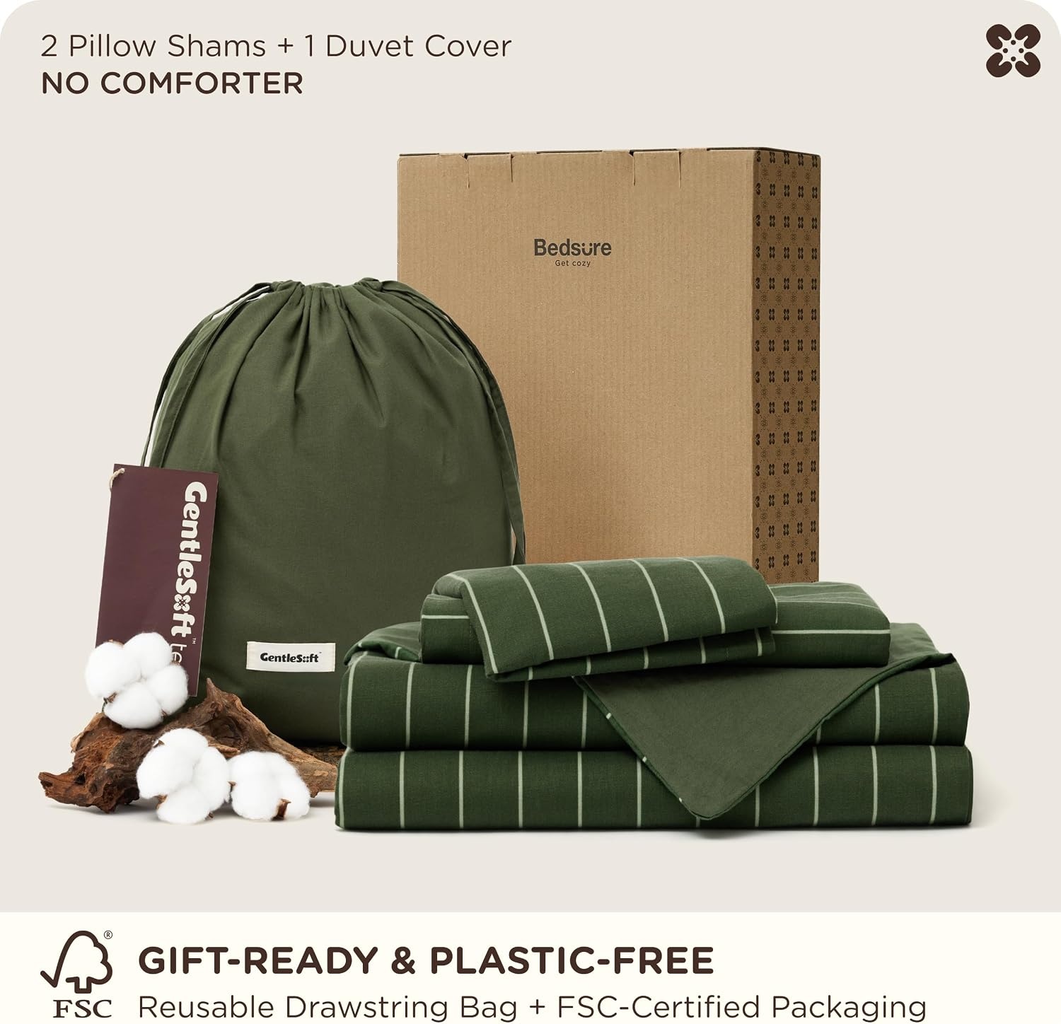 image:imageBedsure PureWoven 100 Cotton Striped Duvet Cover Set Queen TanWhite Washed Cotton LinenLike Texture Breathable Zipper Closure Machine Washable 3 Pieces with 2 Pillow Shams 90 X 9010 Olive Green Stripes No Comforter
