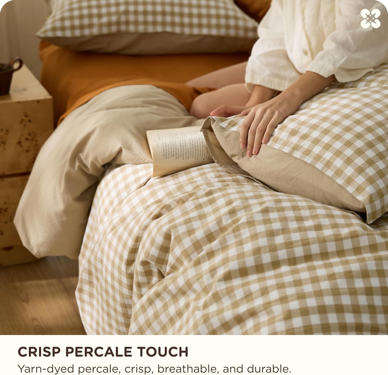 image:imageBedsure PureWoven 100 Cotton Striped Duvet Cover Set Queen TanWhite Washed Cotton LinenLike Texture Breathable Zipper Closure Machine Washable 3 Pieces with 2 Pillow Shams 90 X 9009 Khaki Gingham No Comforter