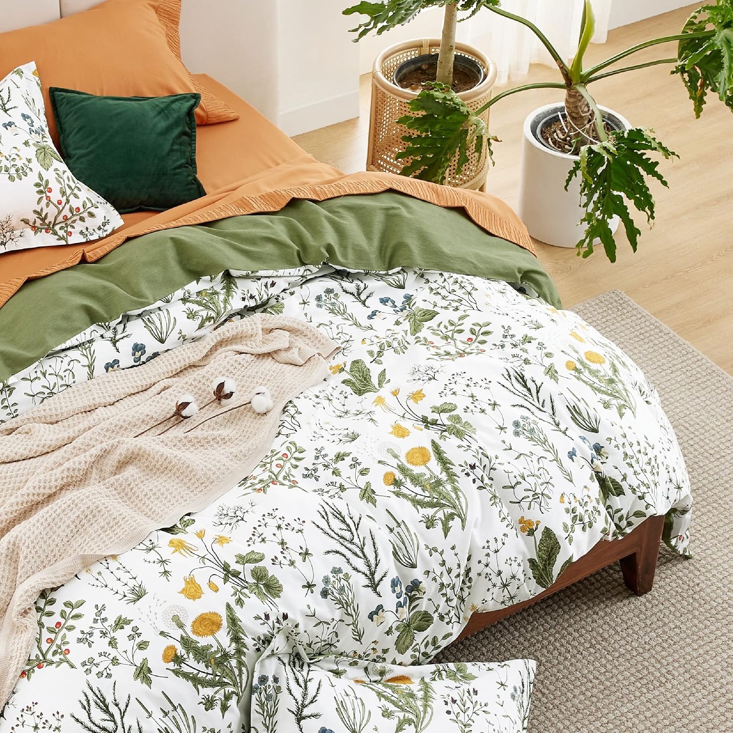 image:imageBedsure PureWoven 100 Cotton Striped Duvet Cover Set Queen TanWhite Washed Cotton LinenLike Texture Breathable Zipper Closure Machine Washable 3 Pieces with 2 Pillow Shams 90 X 9000 Green No Comforter