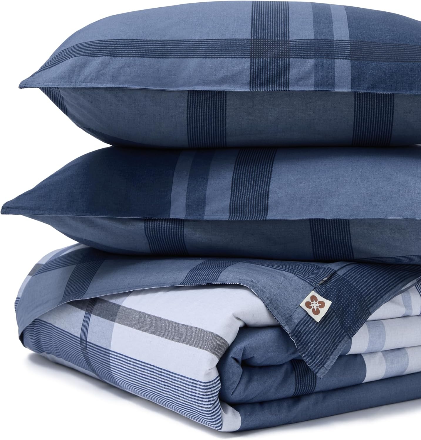 image:imageBedsure PureWoven 100 Cotton Striped Duvet Cover Set Queen TanWhite Washed Cotton LinenLike Texture Breathable Zipper Closure Machine Washable 3 Pieces with 2 Pillow Shams 90 X 9014 Navy Buffalo Plaid No Comforter