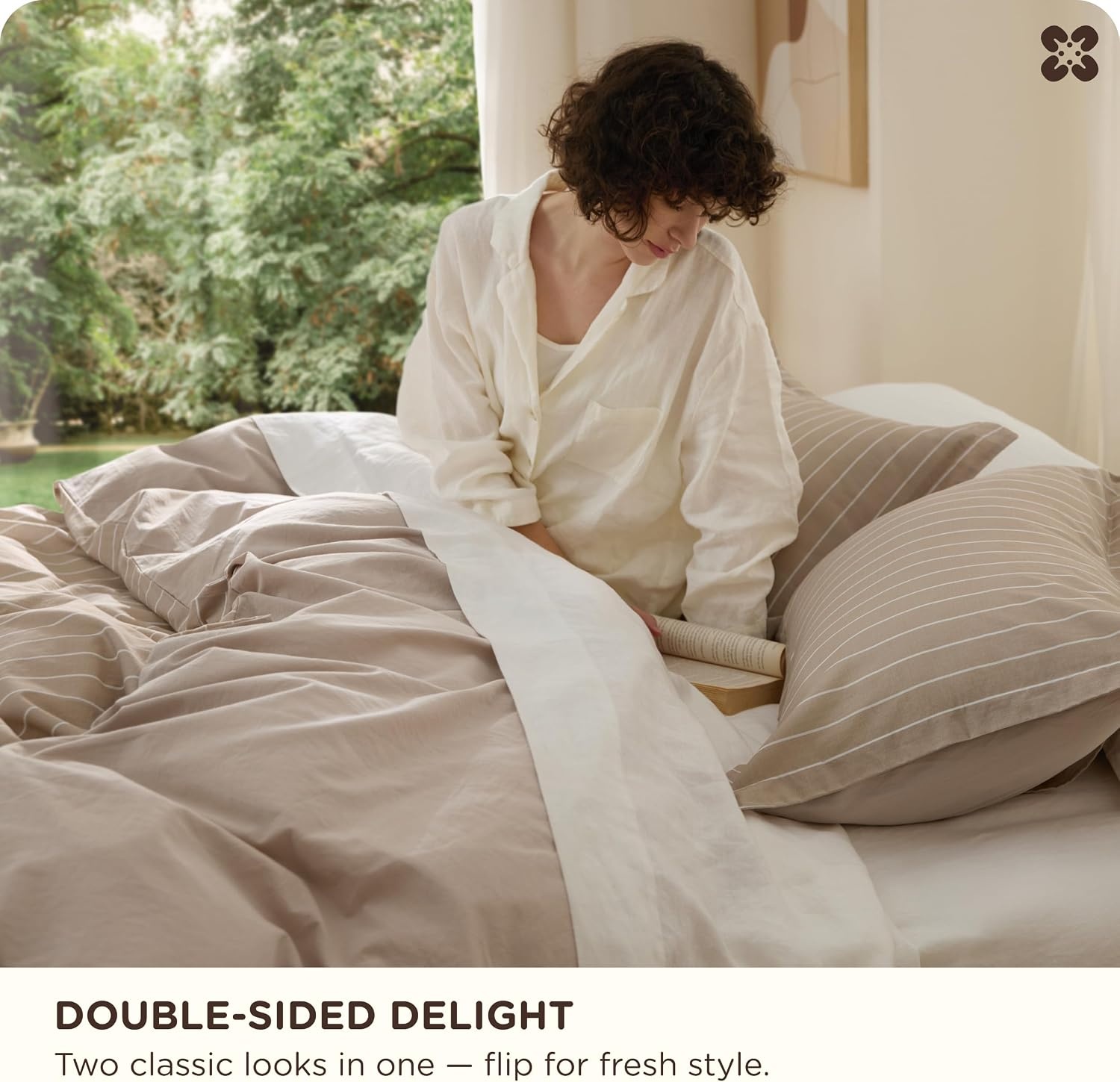 image:imageBedsure PureWoven 100 Cotton Striped Duvet Cover Set Queen TanWhite Washed Cotton LinenLike Texture Breathable Zipper Closure Machine Washable 3 Pieces with 2 Pillow Shams 90 X 9008 TanWhite Stripes No Comforter