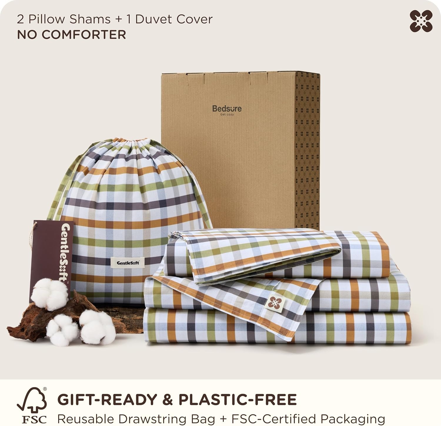 image:imageBedsure PureWoven 100 Cotton Striped Duvet Cover Set Queen TanWhite Washed Cotton LinenLike Texture Breathable Zipper Closure Machine Washable 3 Pieces with 2 Pillow Shams 90 X 9015 Warm Gingham No Comforter