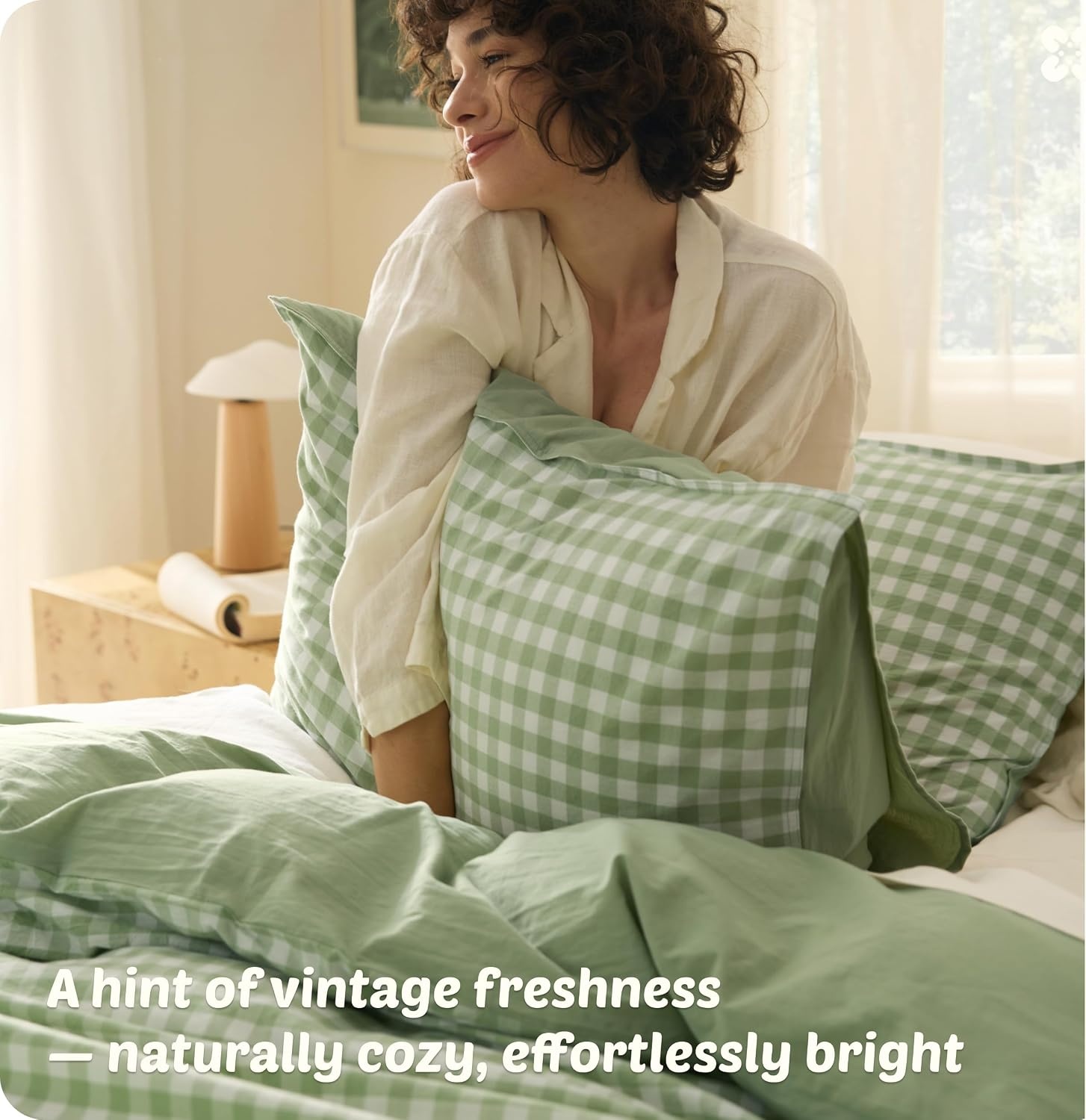 image:imageBedsure PureWoven 100 Cotton Striped Duvet Cover Set Queen TanWhite Washed Cotton LinenLike Texture Breathable Zipper Closure Machine Washable 3 Pieces with 2 Pillow Shams 90 X 9012 Sage Green Gingham No Comforter
