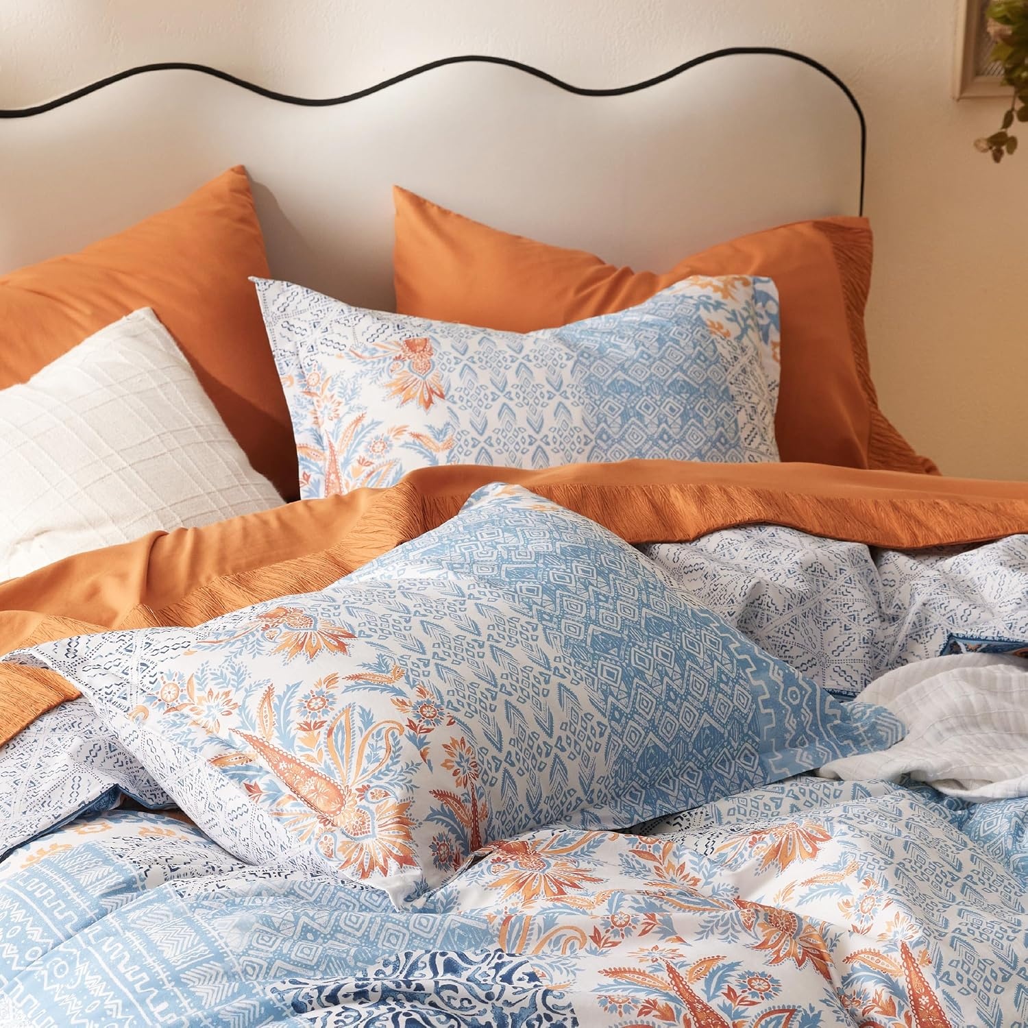 image:imageBedsure PureWoven 100 Cotton Striped Duvet Cover Set Queen TanWhite Washed Cotton LinenLike Texture Breathable Zipper Closure Machine Washable 3 Pieces with 2 Pillow Shams 90 X 9005 Light Blue No Comforter
