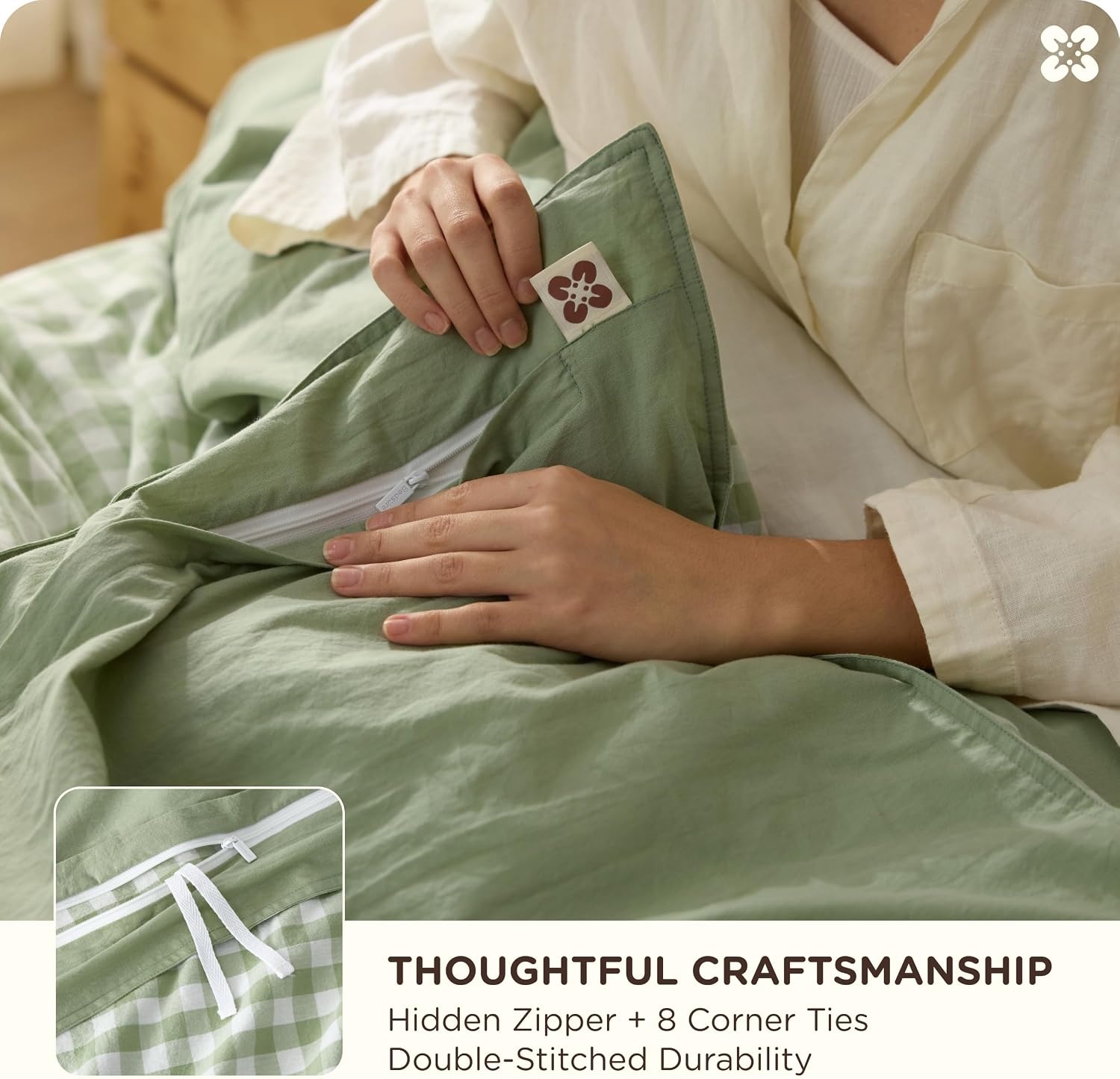 image:imageBedsure PureWoven 100 Cotton Striped Duvet Cover Set Queen TanWhite Washed Cotton LinenLike Texture Breathable Zipper Closure Machine Washable 3 Pieces with 2 Pillow Shams 90 X 9012 Sage Green Gingham No Comforter