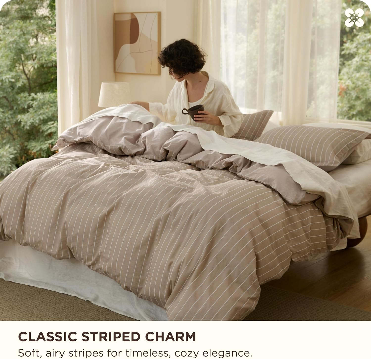 image:imageBedsure PureWoven 100 Cotton Striped Duvet Cover Set Queen TanWhite Washed Cotton LinenLike Texture Breathable Zipper Closure Machine Washable 3 Pieces with 2 Pillow Shams 90 X 9008 TanWhite Stripes No Comforter