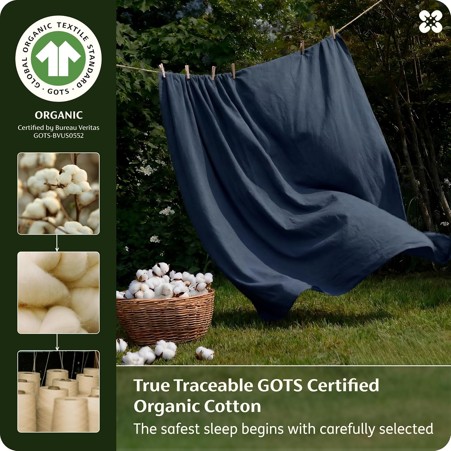 image:imageBedsure PureWoven 100 GOTS Certified Organic Cotton Sheets Queen Size EcoFriendly 17 Deep Pocket with Corner Straps Luxury Hotel Soft Breathable amp Durable Sateen Bed Sheets OEKOTex Linen06 Navy