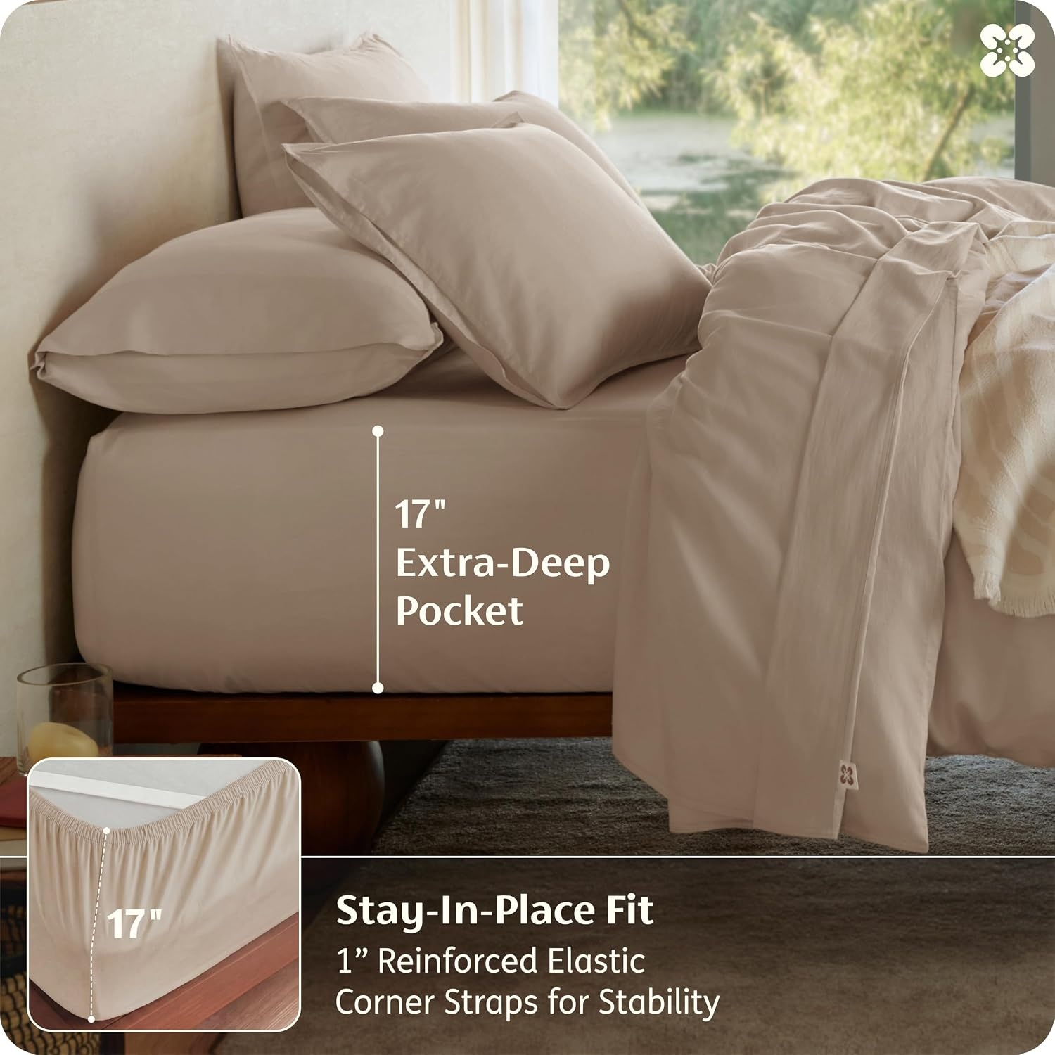 image:imageBedsure PureWoven 100 GOTS Certified Organic Cotton Sheets Queen Size EcoFriendly 17 Deep Pocket with Corner Straps Luxury Hotel Soft Breathable amp Durable Sateen Bed Sheets OEKOTex Linen04 Light Brown