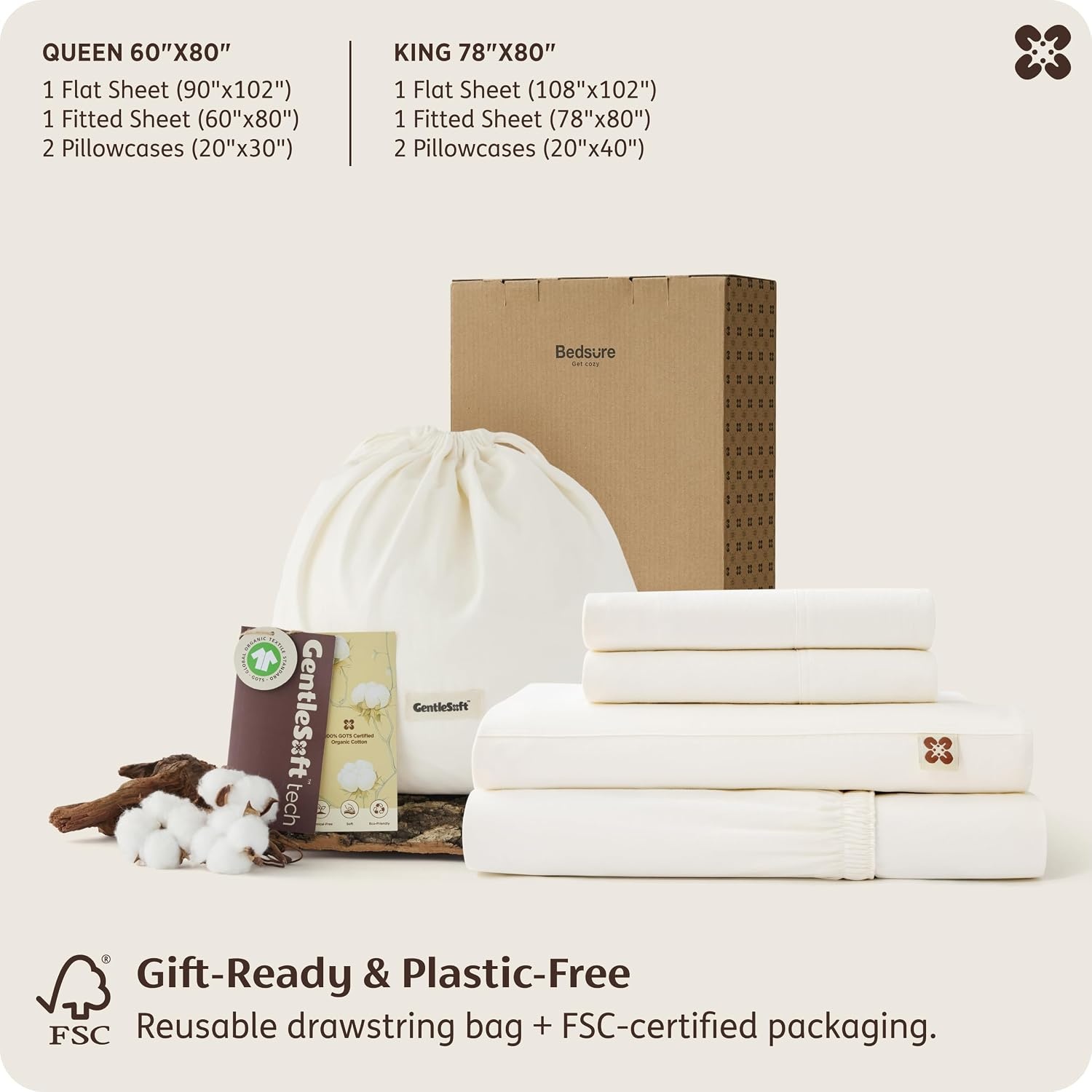image:imageBedsure PureWoven 100 GOTS Certified Organic Cotton Sheets Queen Size EcoFriendly 17 Deep Pocket with Corner Straps Luxury Hotel Soft Breathable amp Durable Sateen Bed Sheets OEKOTex Linen02 Ivory