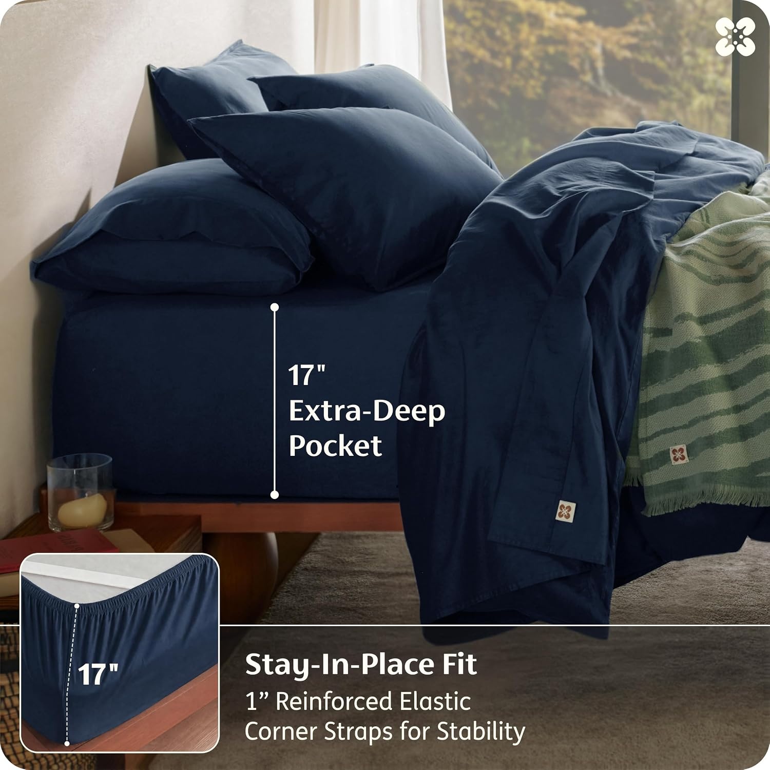 image:imageBedsure PureWoven 100 GOTS Certified Organic Cotton Sheets Queen Size EcoFriendly 17 Deep Pocket with Corner Straps Luxury Hotel Soft Breathable amp Durable Sateen Bed Sheets OEKOTex Linen06 Navy