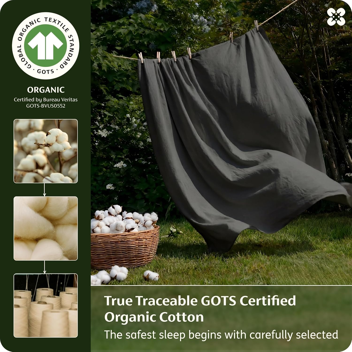 image:imageBedsure PureWoven 100 GOTS Certified Organic Cotton Sheets Queen Size EcoFriendly 17 Deep Pocket with Corner Straps Luxury Hotel Soft Breathable amp Durable Sateen Bed Sheets OEKOTex Linen07 Charcoal