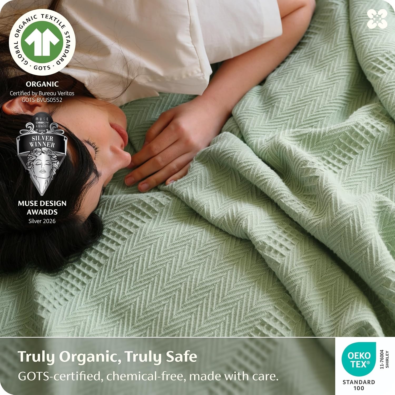 image:imageBedsure PureWoven 100 Organic Cotton Waffle Luxury Blanket Queen White GOTS Certified Organic Cotton Waffle amp Herringbone Textured Soft Breathable All Season Machine Washable Home Decor Gift04 Light Green