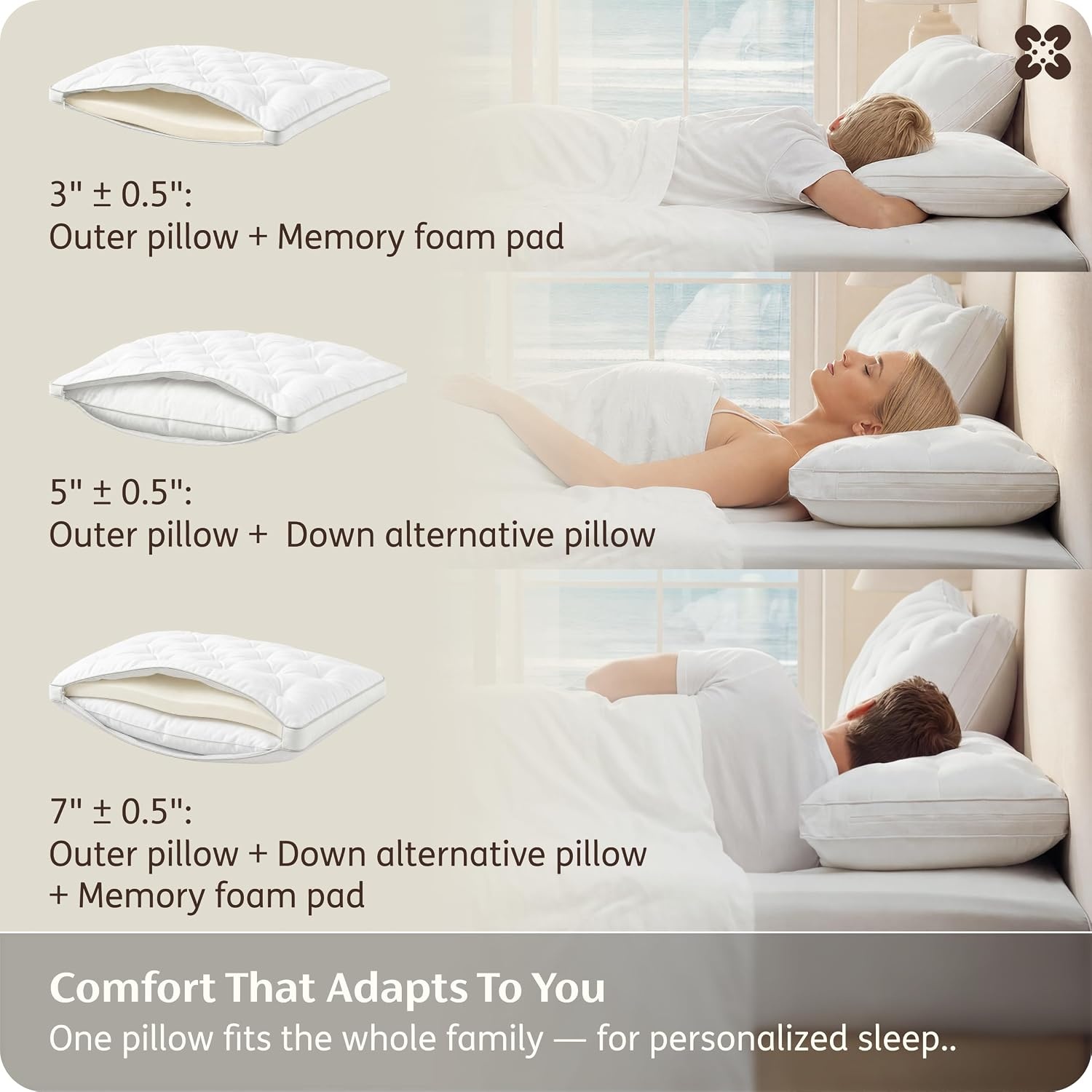 image:imageBedsure PureWoven Adjustable Pillow Queen for Back Stomach Side Sleepers CertiPURUS Memory Foam amp Down Alternative DualFill 100 Cotton Cover 3in1 357 Custom Height Pillow 26x171 PackWhite