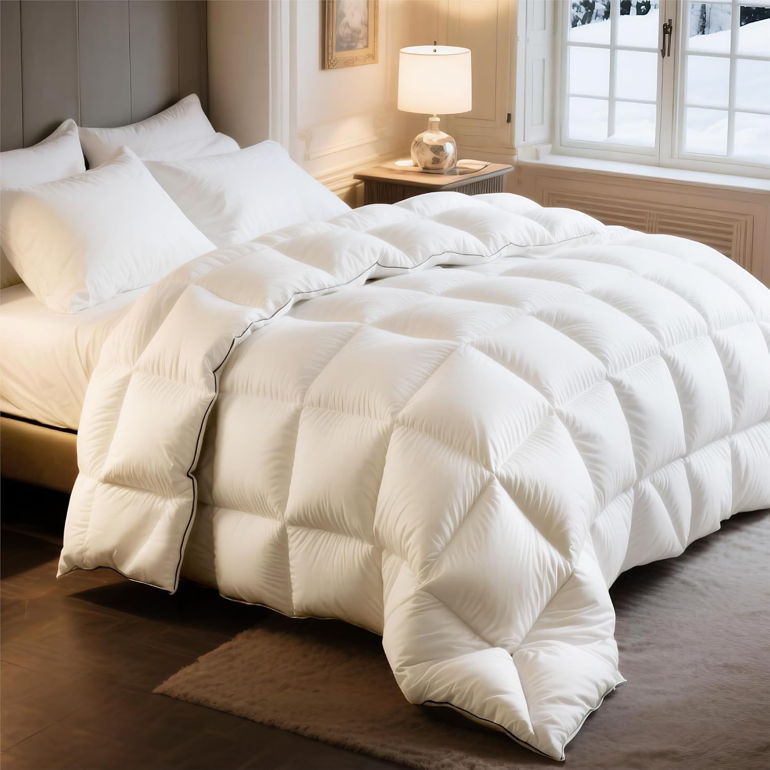 image:imageBedsure PureWoven Feather Down Comforter Queen Size All Season Duvet Downpass Certified Hotel Luxury Duvet Insert 8 Corner Tabs amp Storage Bag Soft Cotton Blend 90x90 Inches LightweightWhite Medium Weight