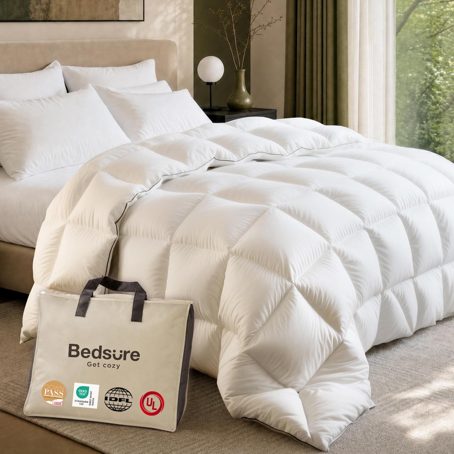 image:imageBedsure PureWoven Feather Down Comforter Queen Size All Season Duvet Downpass Certified Hotel Luxury Duvet Insert 8 Corner Tabs amp Storage Bag Soft Cotton Blend 90x90 Inches LightweightWhite Medium Weight