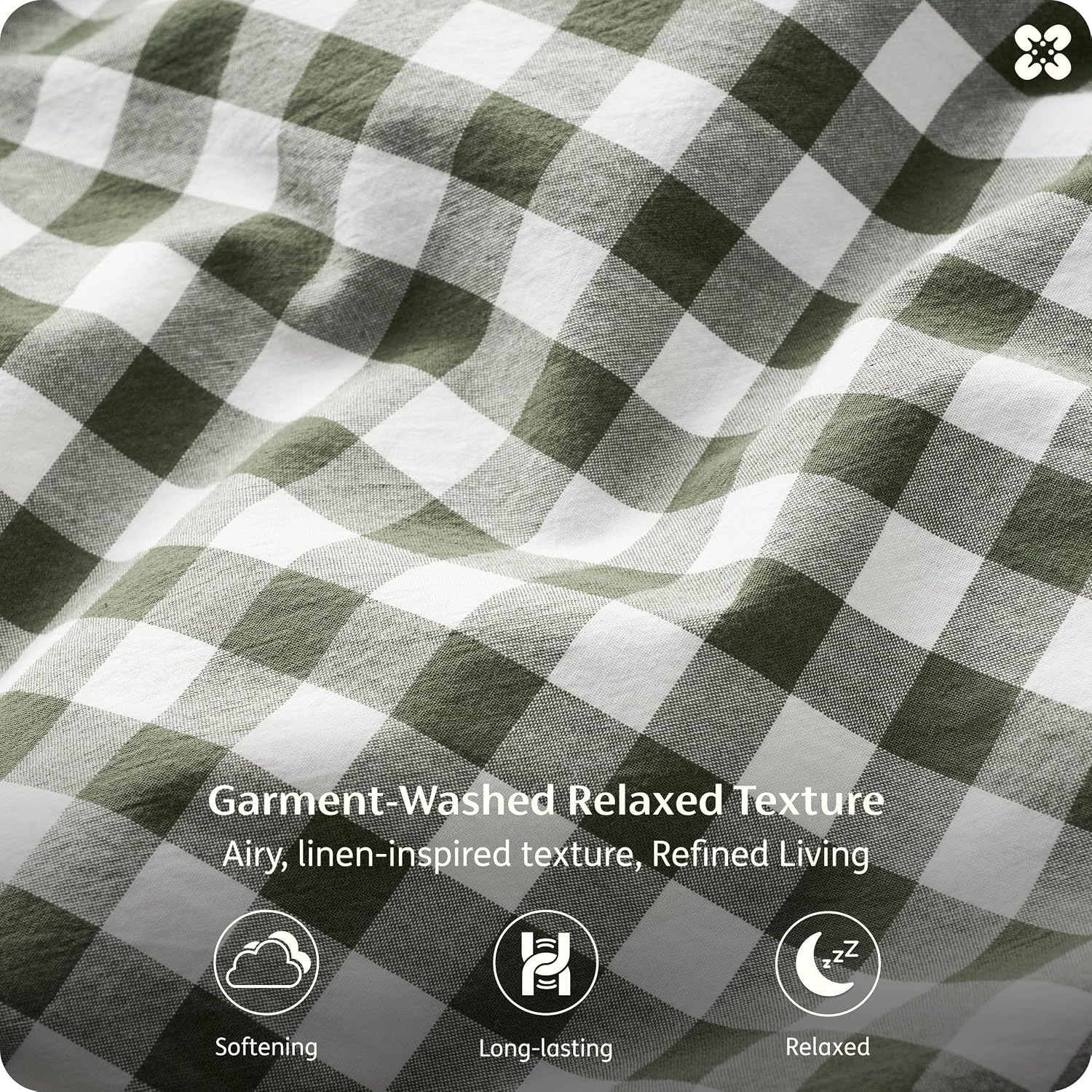 image:imageBedsure PureWoven Gingham Sheets 100 Washed Cotton Queen Brown 6PCS LinenLike Percale Sheets Breathable amp Relaxed 18 Deep Pocket Rustic Minimalist Farmhouse Checkered YarnDyed PlaidGingham Olive Green