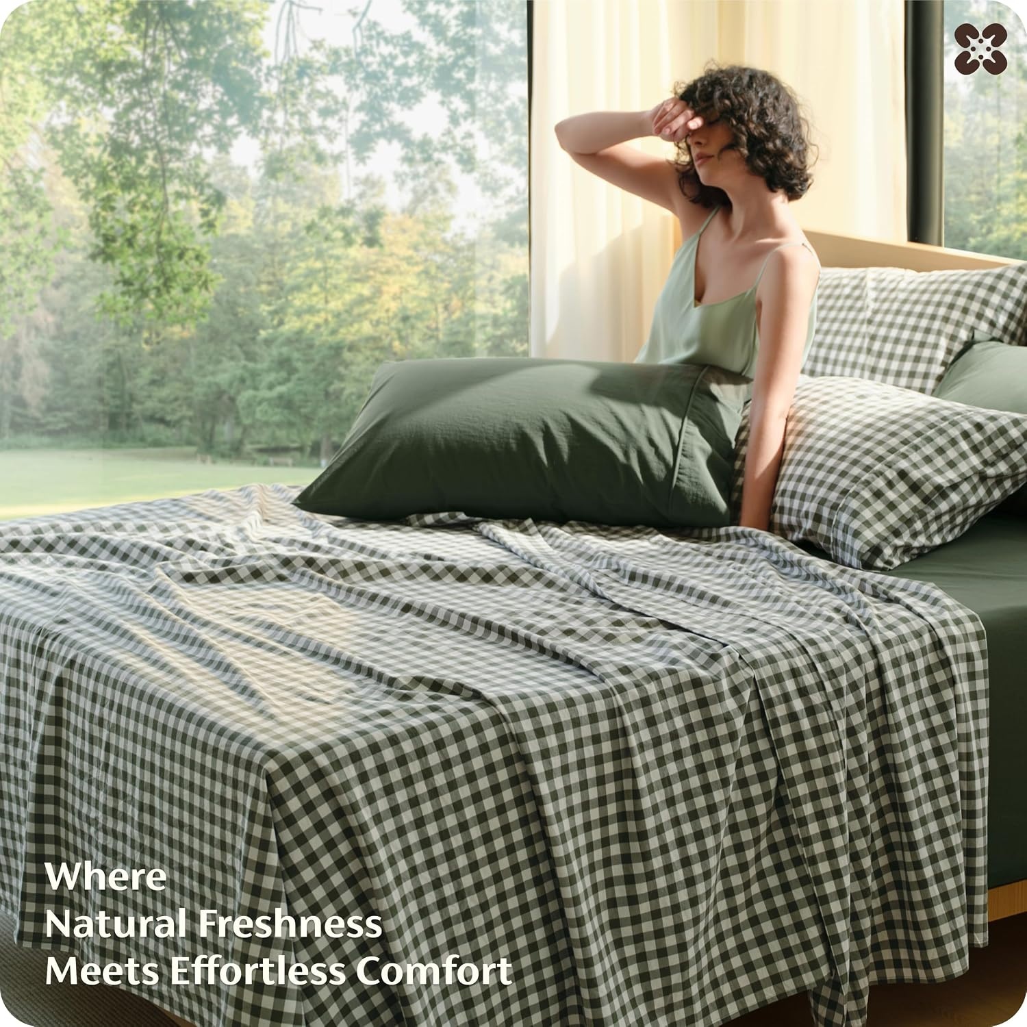 image:imageBedsure PureWoven Gingham Sheets 100 Washed Cotton Queen Brown 6PCS LinenLike Percale Sheets Breathable amp Relaxed 18 Deep Pocket Rustic Minimalist Farmhouse Checkered YarnDyed PlaidGingham Olive Green